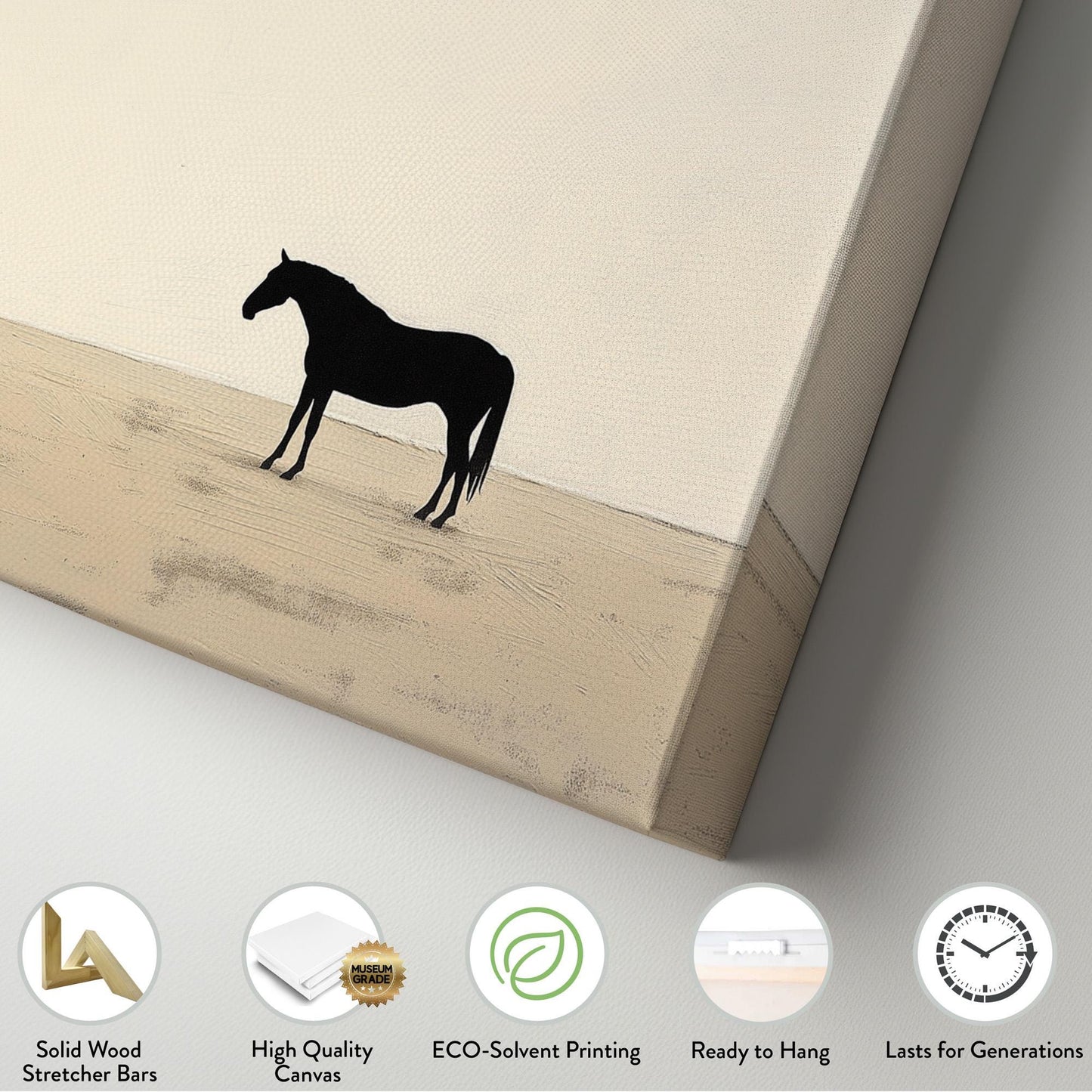 Lone Horse On Praire Canvas Wall Art For Living Room, Landscape Beige Canvas Print, Horse Farm Large Canvas Art