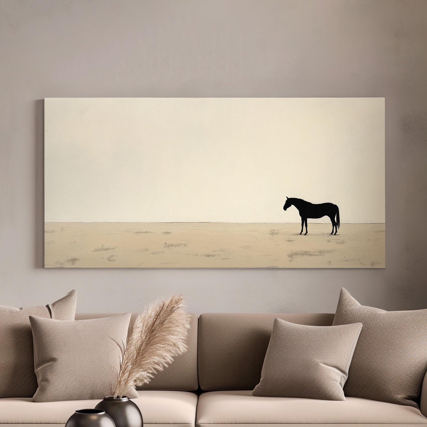 Lone Horse On Praire Canvas Wall Art For Living Room, Landscape Beige Canvas Print, Horse Farm Large Canvas Art