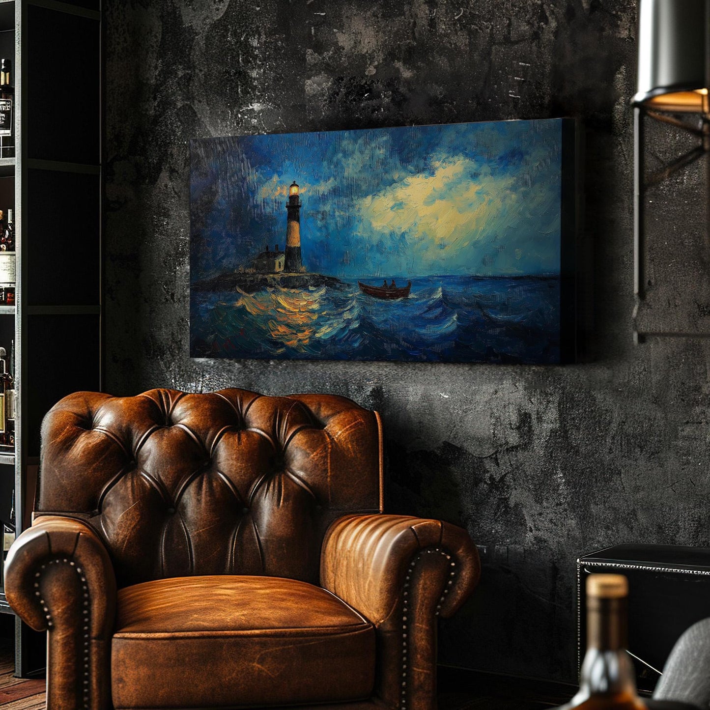 Lighthouse With A Boat Canvas Wall Art For Living Room, Landscape Boathouse Canvas Print, Sea Coast Large Canvas Art