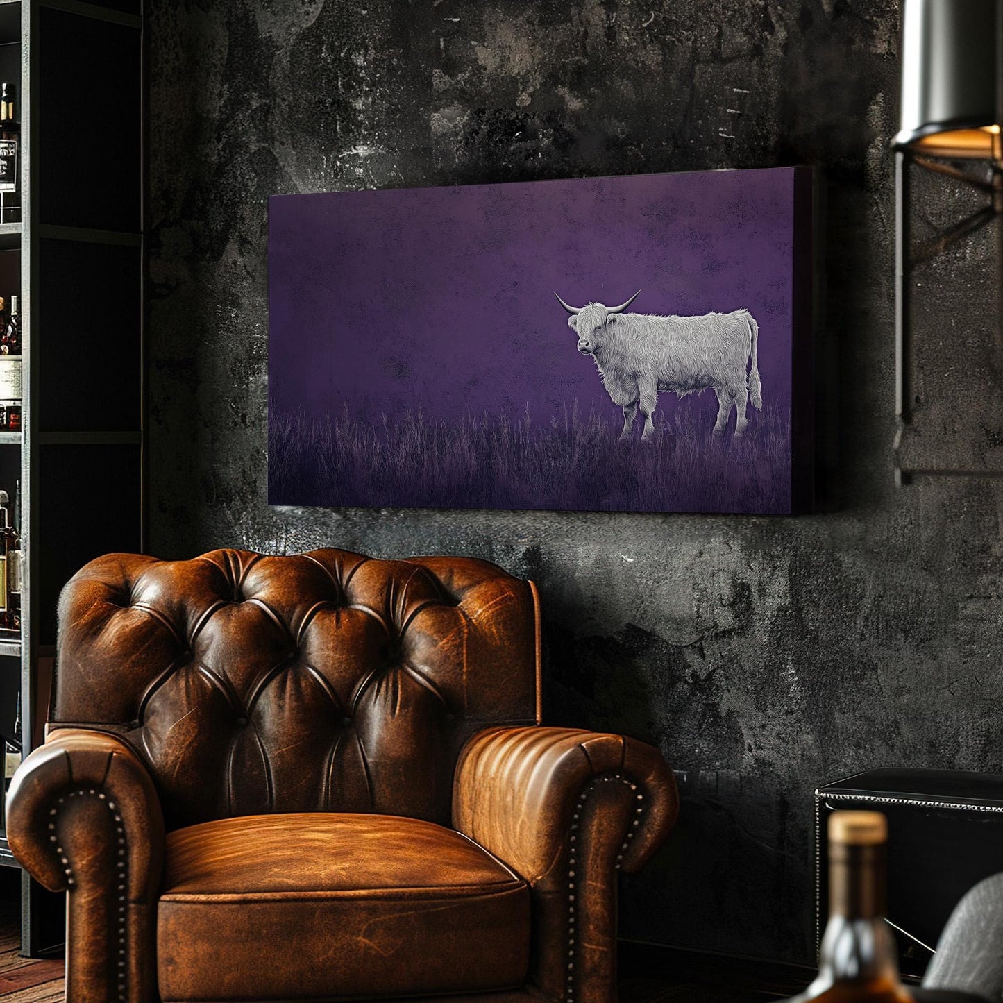 Highland Cow On The Field Canvas Wall Art For Living Room, Landscape Purple Canvas Print, Rustic Large Canvas Art