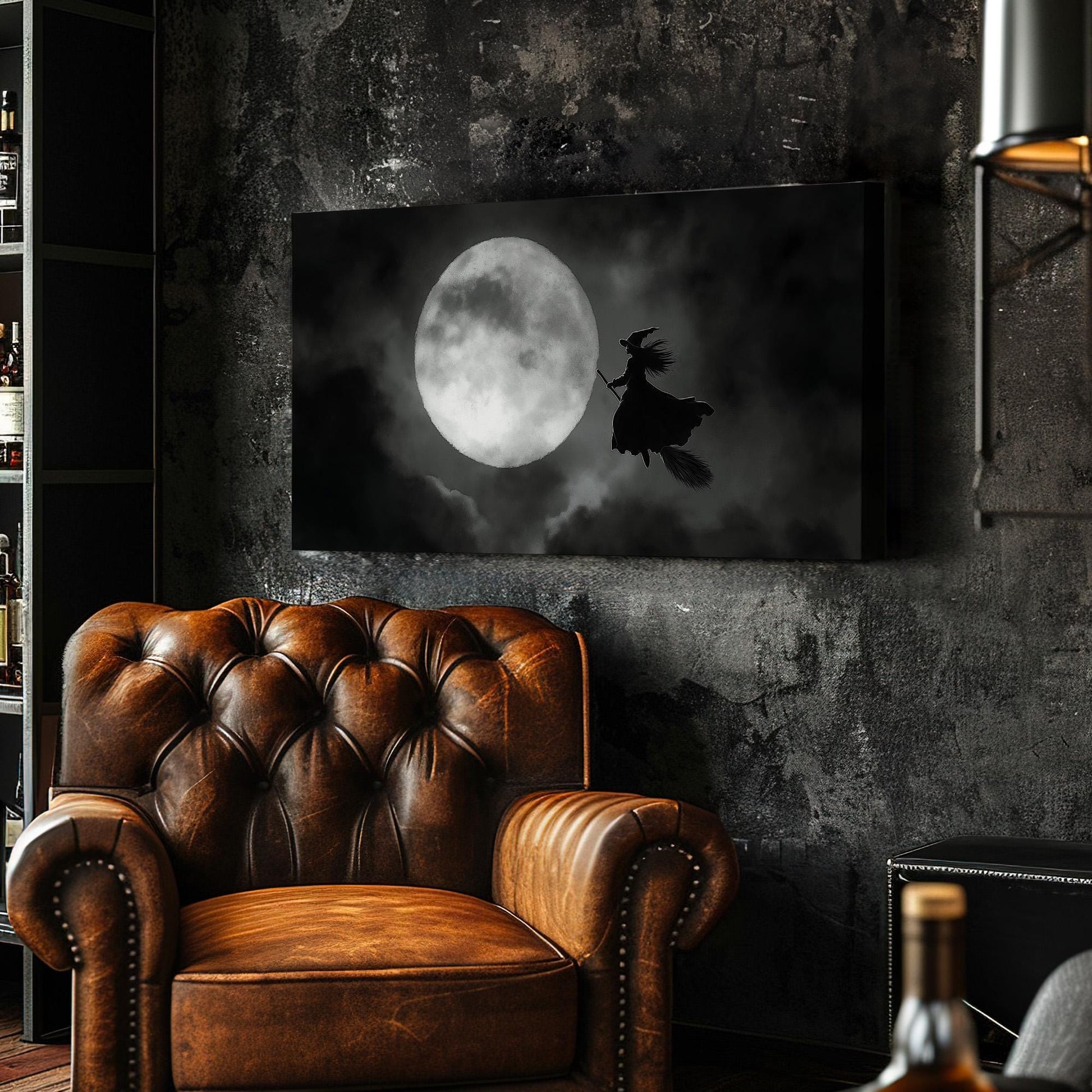 Halloween Witch Full Moon Canvas Wall Art For Living Room, Landscape Dark Academia Canvas Print, Whimsical Large Canvas Art
