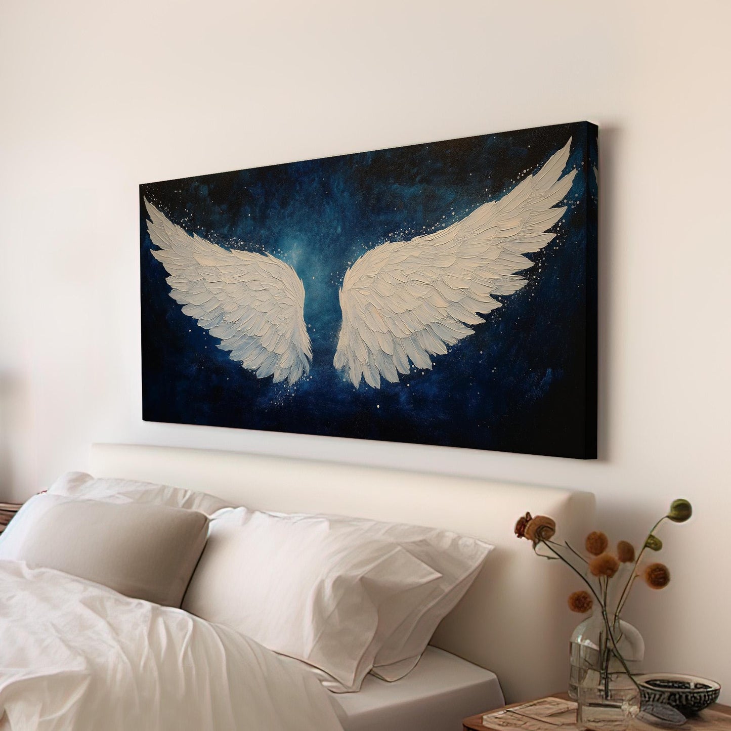 Angel Wing Starry Sky Canvas Wall Art For Bedroom, Landscape Blessed Canvas Print, Modern Large Canvas Art