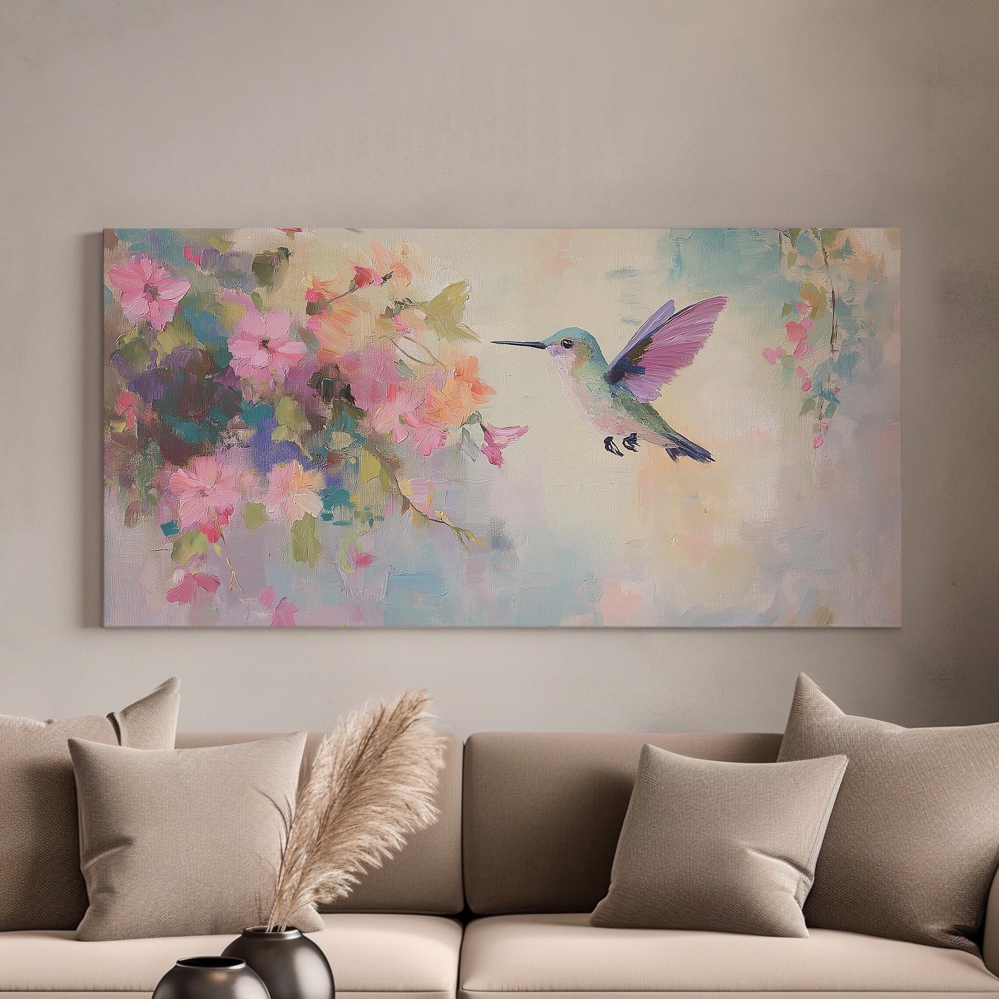 Abstract Hummingbird Canvas Wall Art For Bedroom, Landscape Rustic Canvas Print, Colibri Large Canvas Art