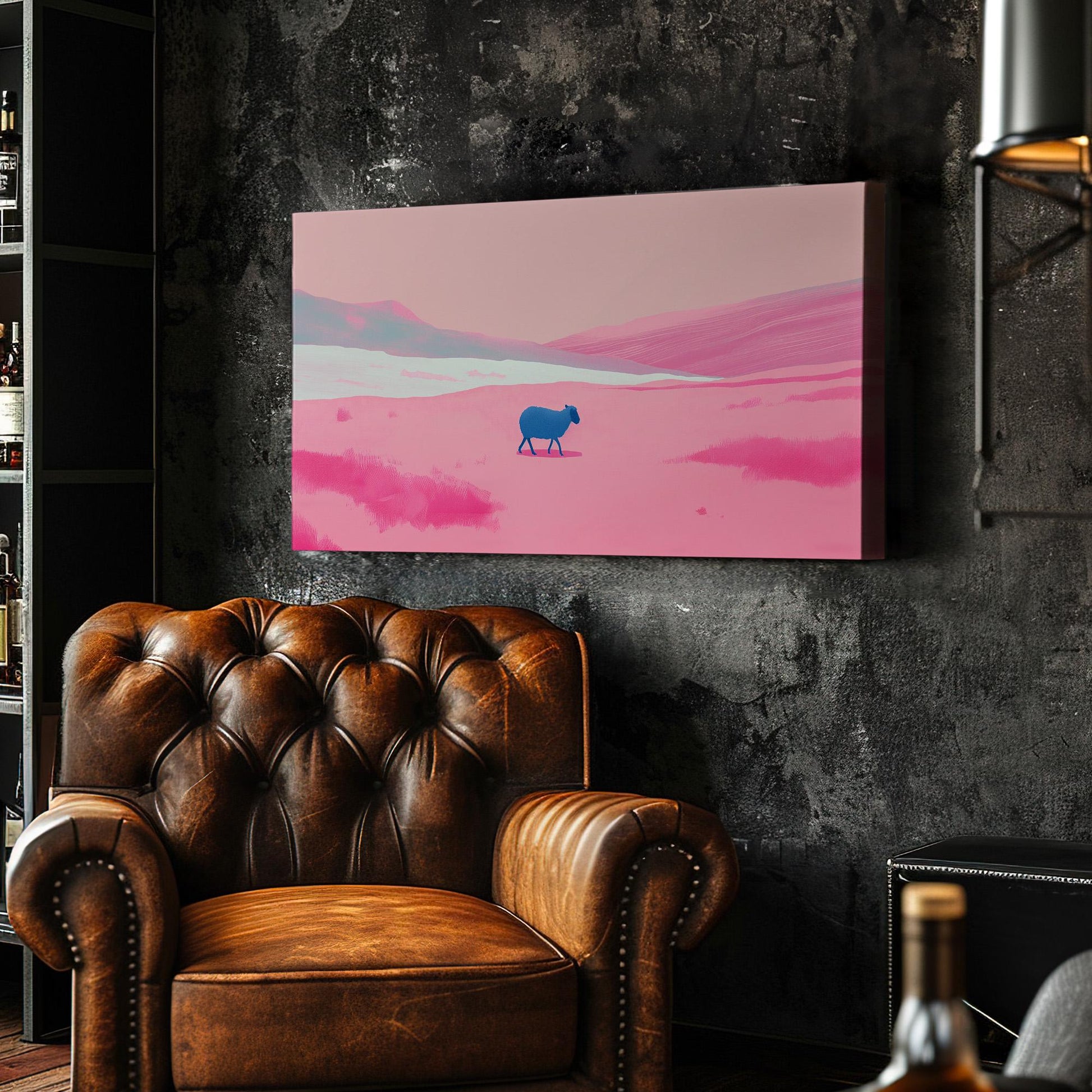 Abstract Blue Sheep Canvas Wall Art For Bedroom, Landscape Vaporwave Canvas Print, Aesthetic Large Canvas Art