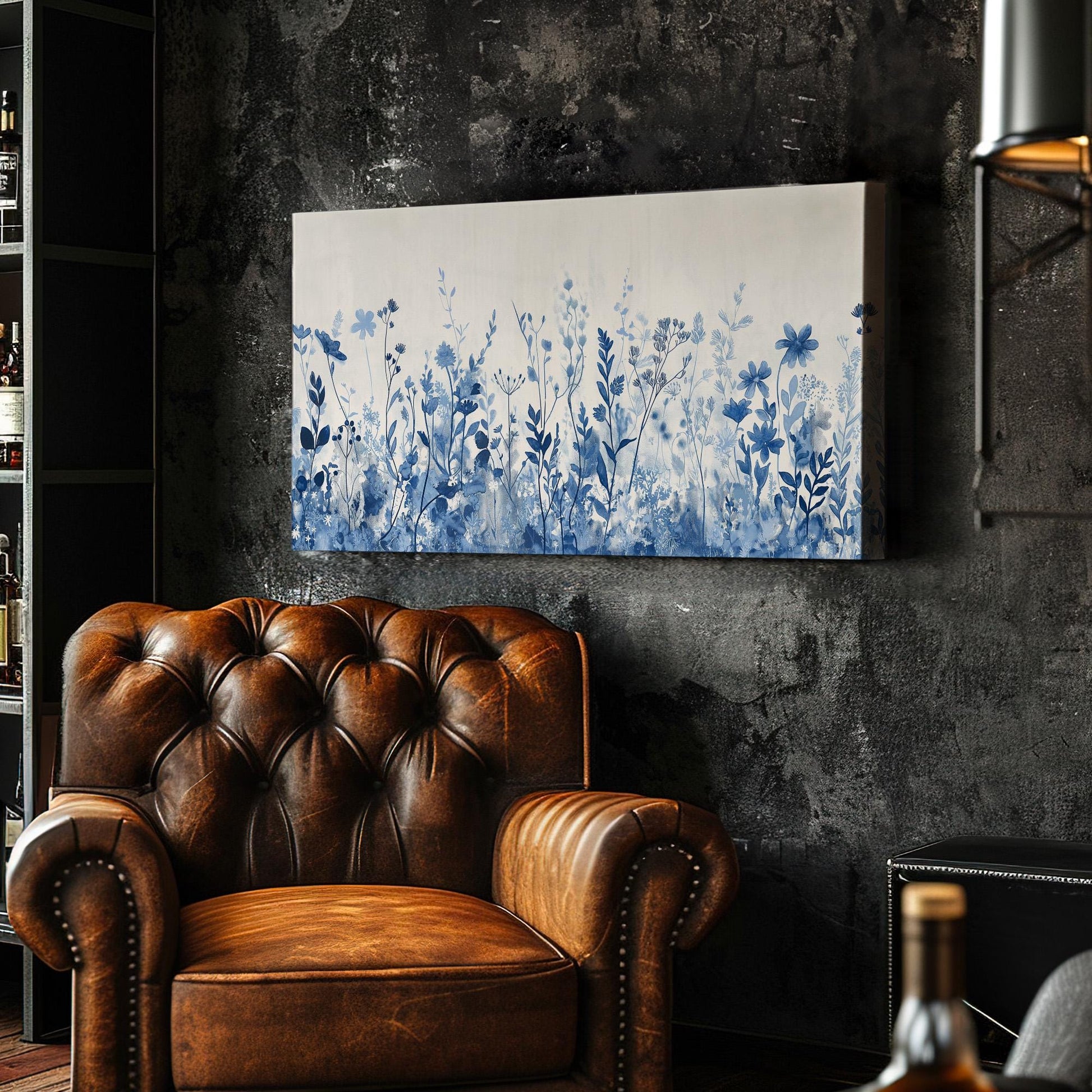 Blue Wildflowers Canvas Wall Art For Living Room, Landscape Neutral Canvas Print, Floral Large Canvas Art