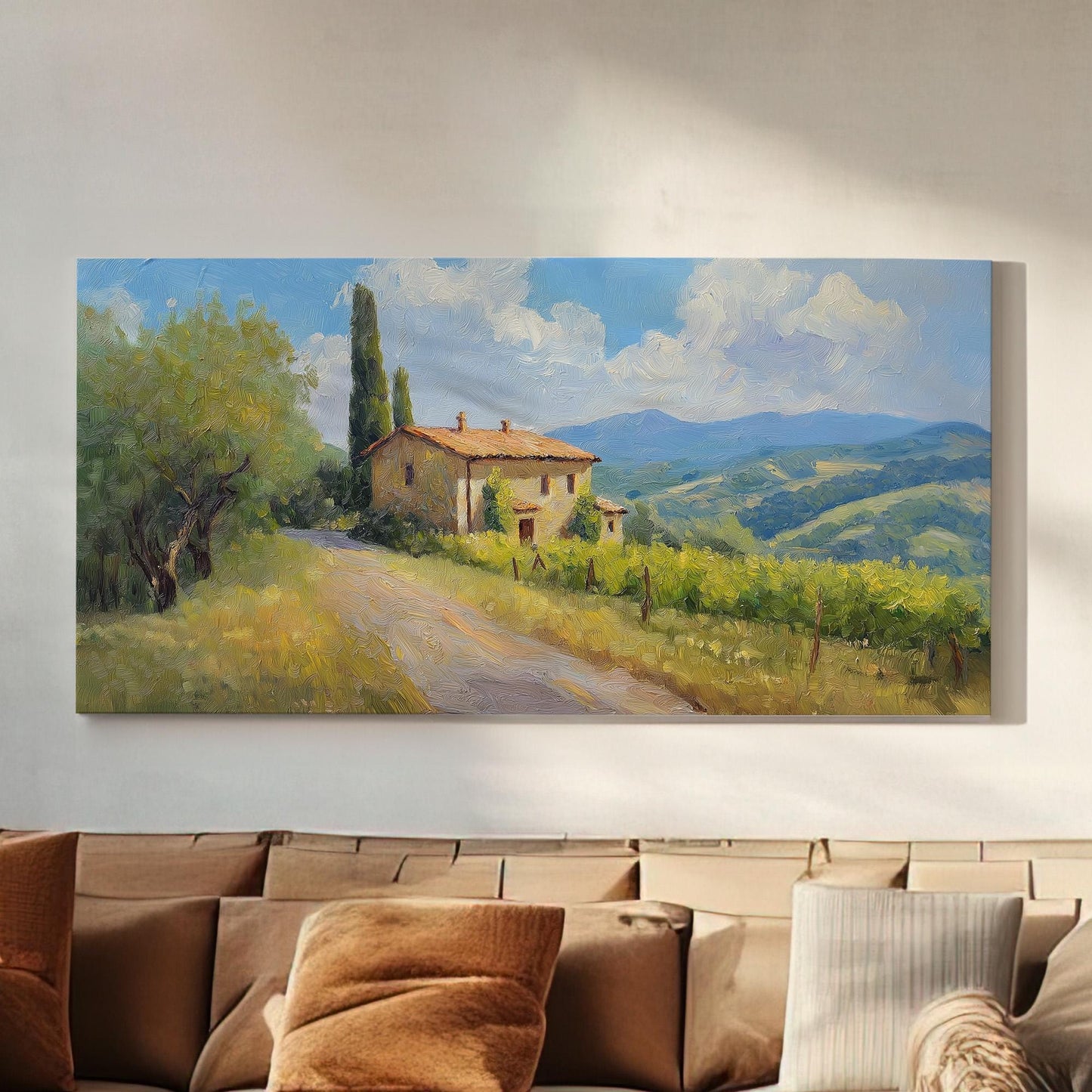 Old House By The Road Canvas Wall Art For Living Room, Landscape Tuscan Village Canvas Print, Italian Countryside Large Canvas Art