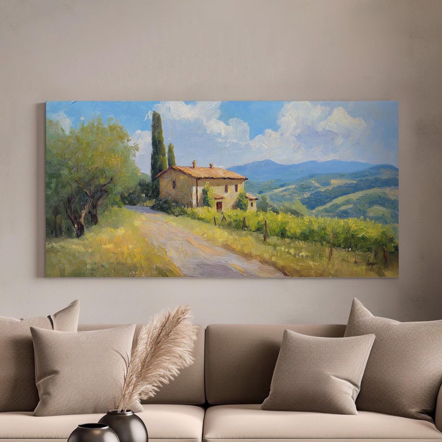 Old House By The Road Canvas Wall Art For Living Room, Landscape Tuscan Village Canvas Print, Italian Countryside Large Canvas Art