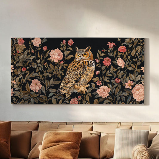 Owl In The Forest Canvas Wall Art For Living Room, Landscape Floral Canvas Print, Vintage Large Canvas Art