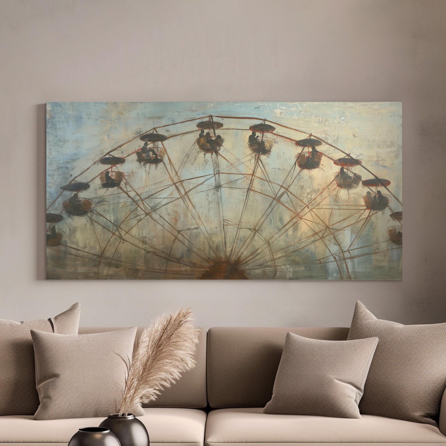 Vintage Ferris Wheel Canvas Wall Art For Living Room, Landscape Amusement Park Canvas Print, Rustic Americana Large Canvas Art