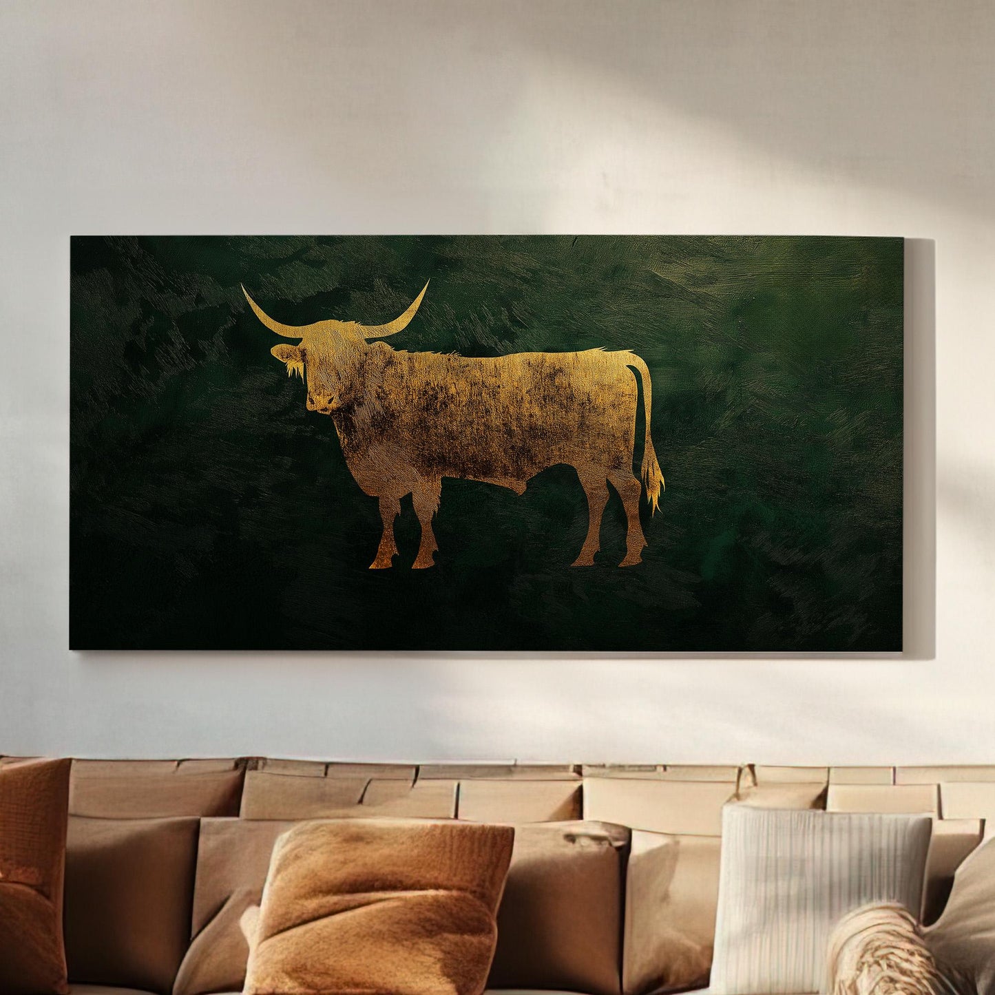 Vintage Gold Highland Cow Canvas Wall Art For Living Room, Landscape Dark Green Canvas Print, Rustic Large Canvas Art
