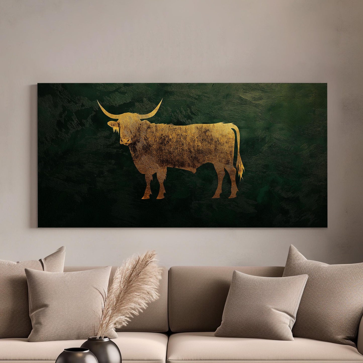Vintage Gold Highland Cow Canvas Wall Art For Living Room, Landscape Dark Green Canvas Print, Rustic Large Canvas Art