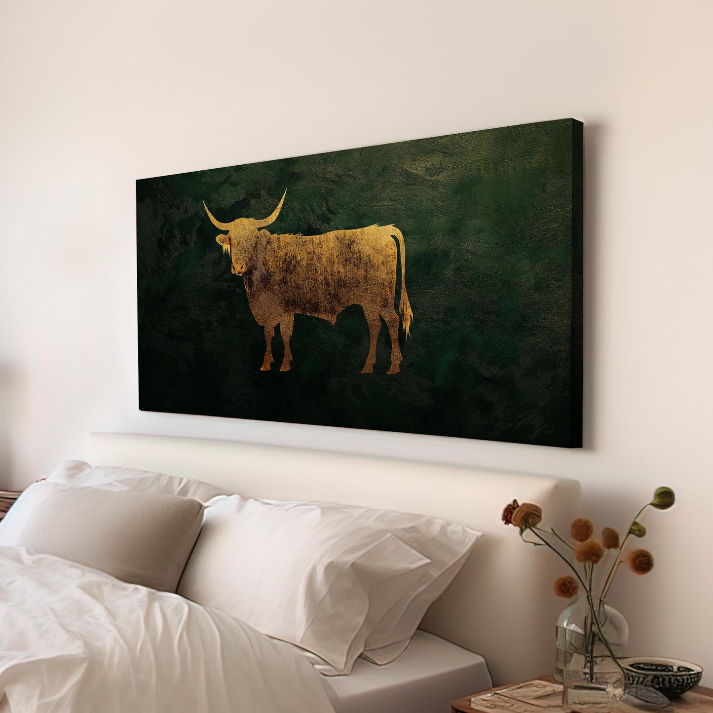 Vintage Gold Highland Cow Canvas Wall Art For Living Room, Landscape Dark Green Canvas Print, Rustic Large Canvas Art
