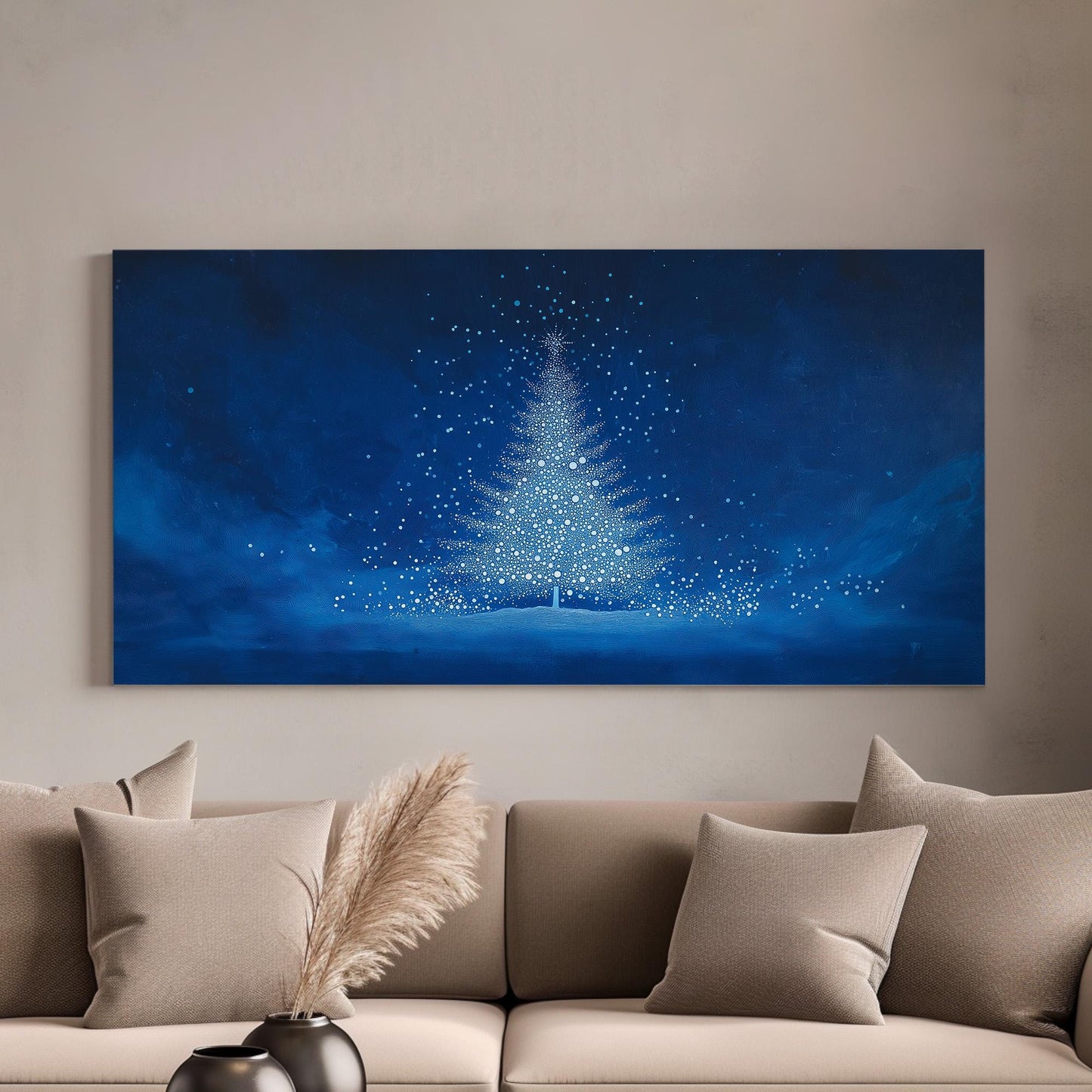 Blue Christmas Tree Canvas Wall Art For Living Room, Landscape Winter Canvas Print, Farmhouse Large Canvas Art