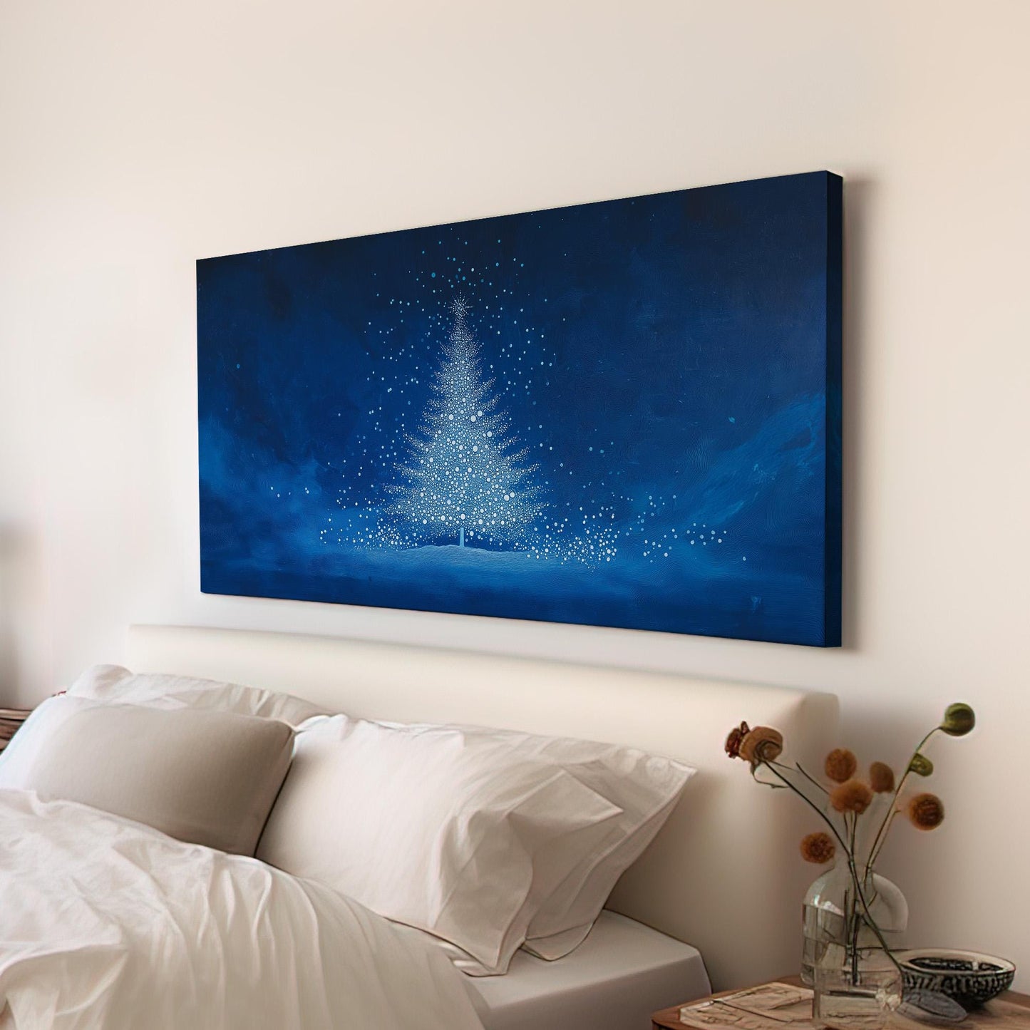 Blue Christmas Tree Canvas Wall Art For Living Room, Landscape Winter Canvas Print, Farmhouse Large Canvas Art
