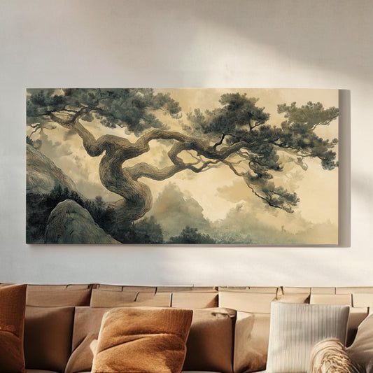 Earthy Bonsai Canvas Wall Art For Living Room, Landscape Botanical Canvas Print, Muted Colors Sephia Large Canvas Art