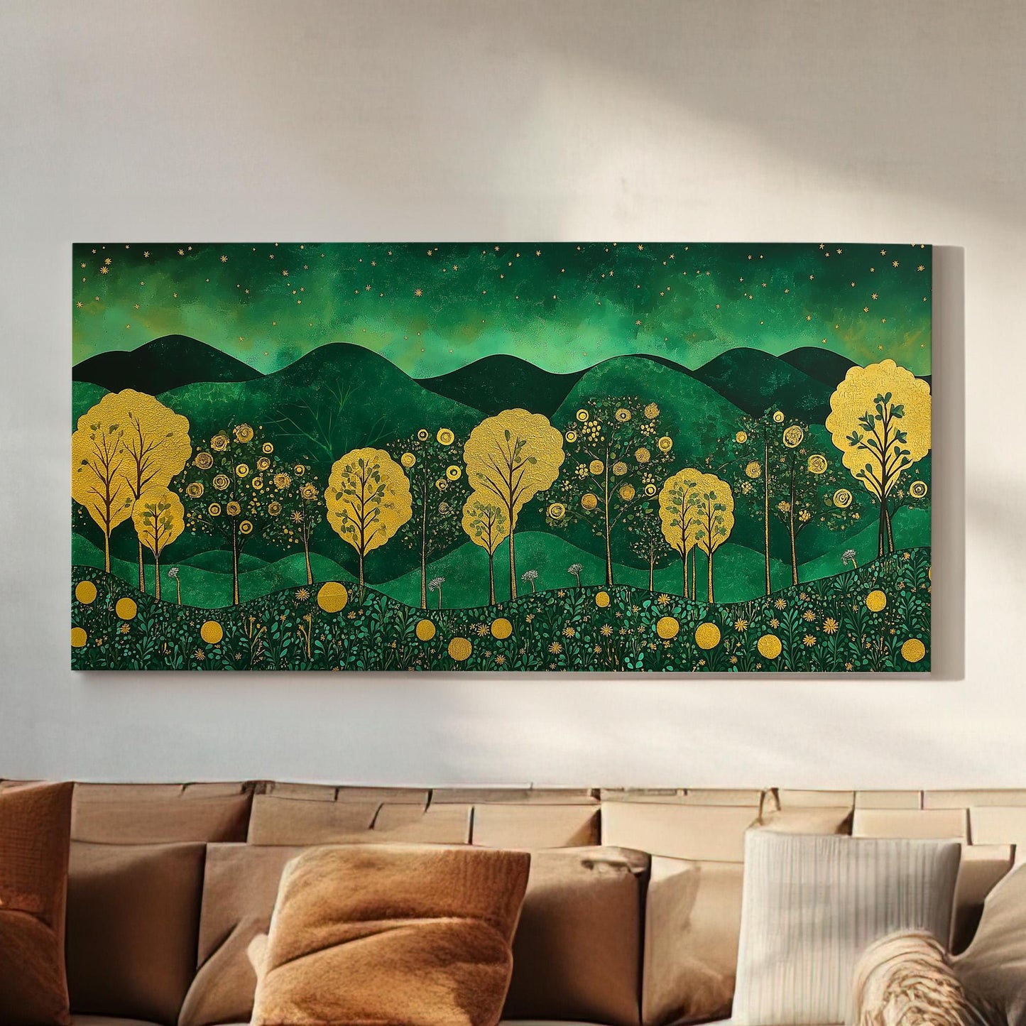 Emerald Green And Gold Landscape Wall Art For Living Room, Landscape Beautiful Landscape Canvas Print, Rustic Country Large Canvas Art