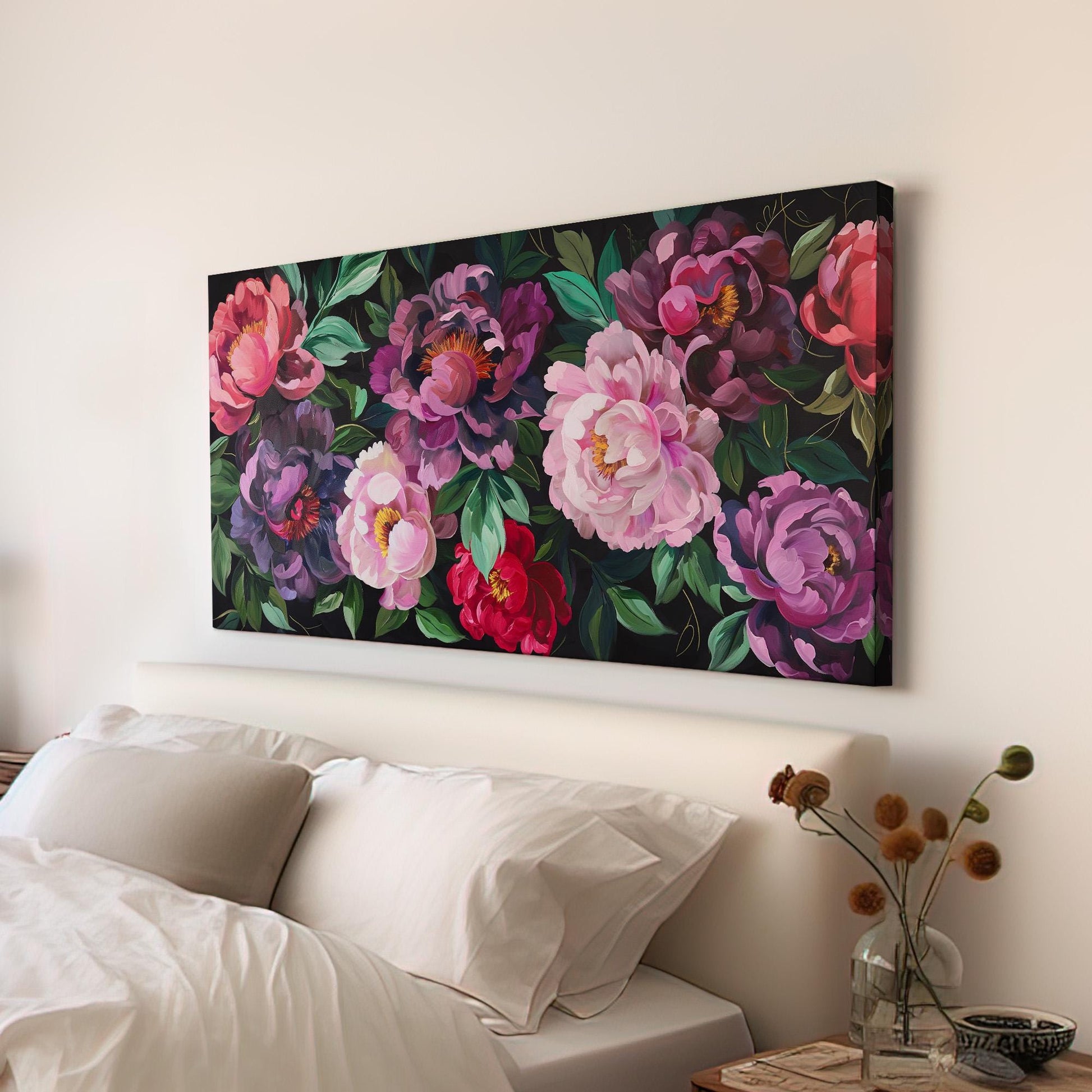 Enchanted Peony Canvas Wall Art For Living Room, Landscape Floral Canvas Print, Impressionist Large Canvas Art