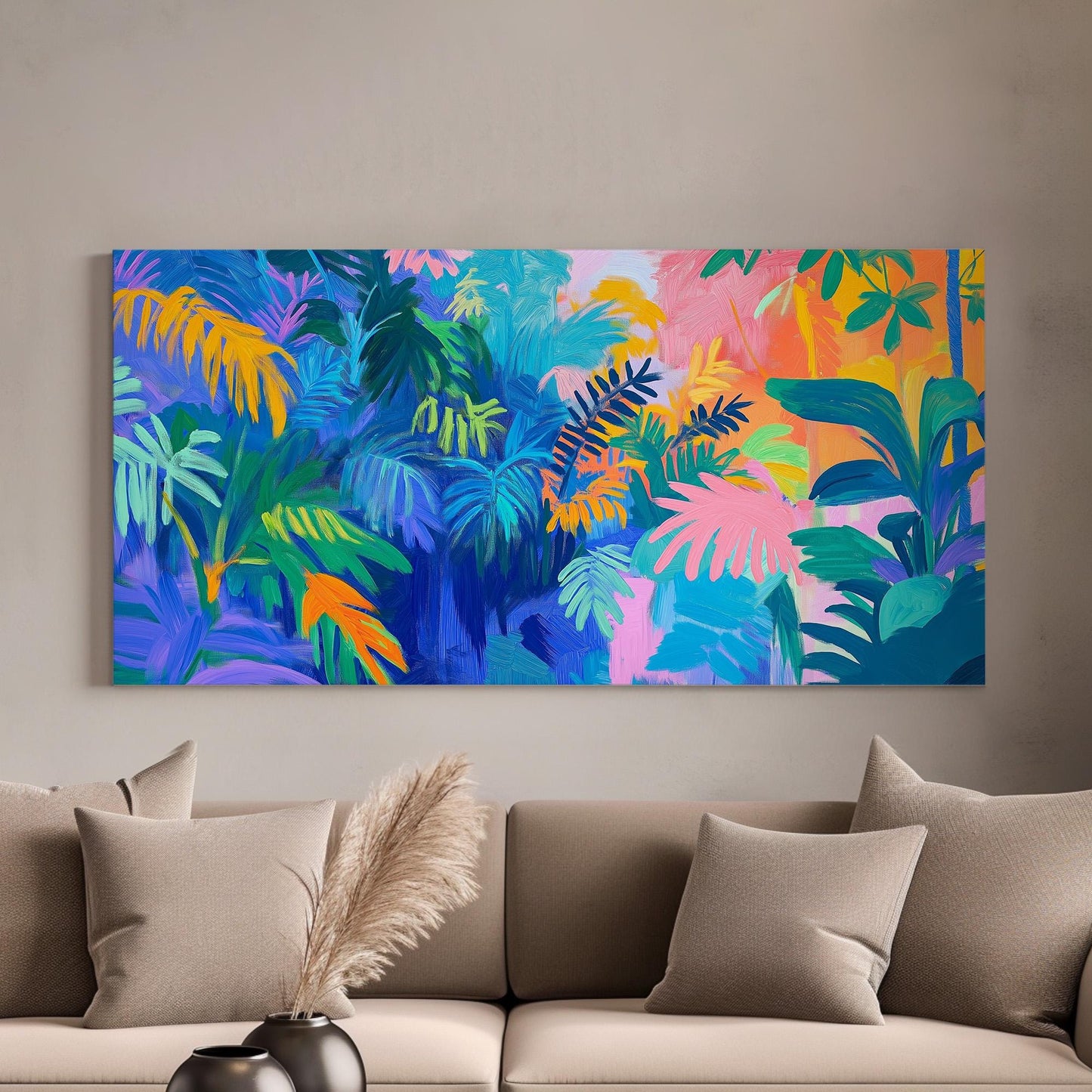 Colorful Oil Jungle Canvas Wall Art For Living Room, Landscape Rainforest Canvas Print, Botanical Large Canvas Art