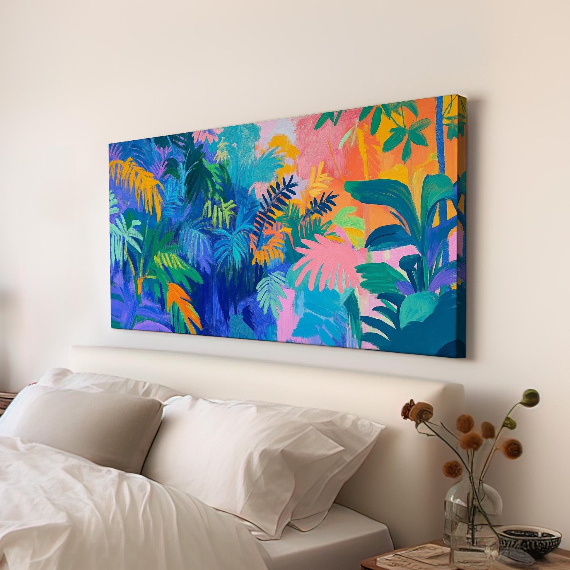 Colorful Oil Jungle Canvas Wall Art For Living Room, Landscape Rainforest Canvas Print, Botanical Large Canvas Art