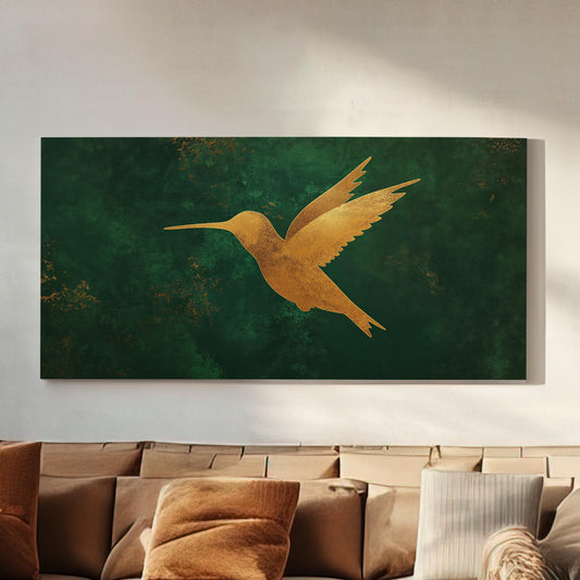 Gold Hummingbird Canvas Wall Art For Living Room, Landscape Rustic Canvas Print, Colibri Large Canvas Art
