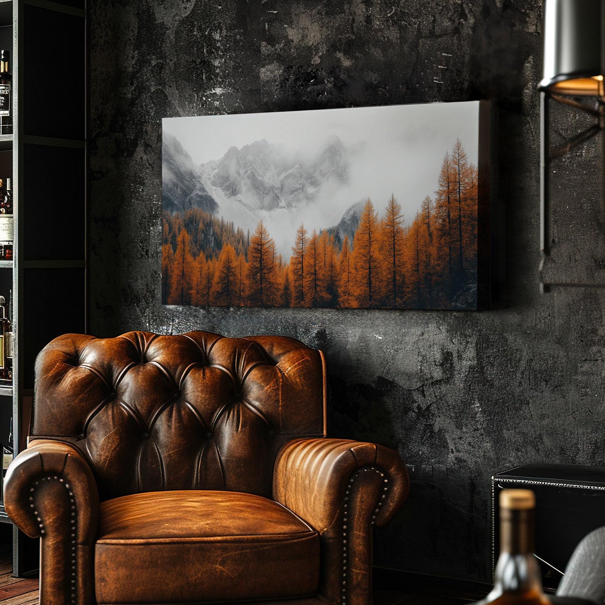 Copper Pine Forest Below Snowy Mountain Canvas Wall Art For Living Room, Landscape Cozy Autumn Canvas Print, Rustic Fall Large Canvas Art