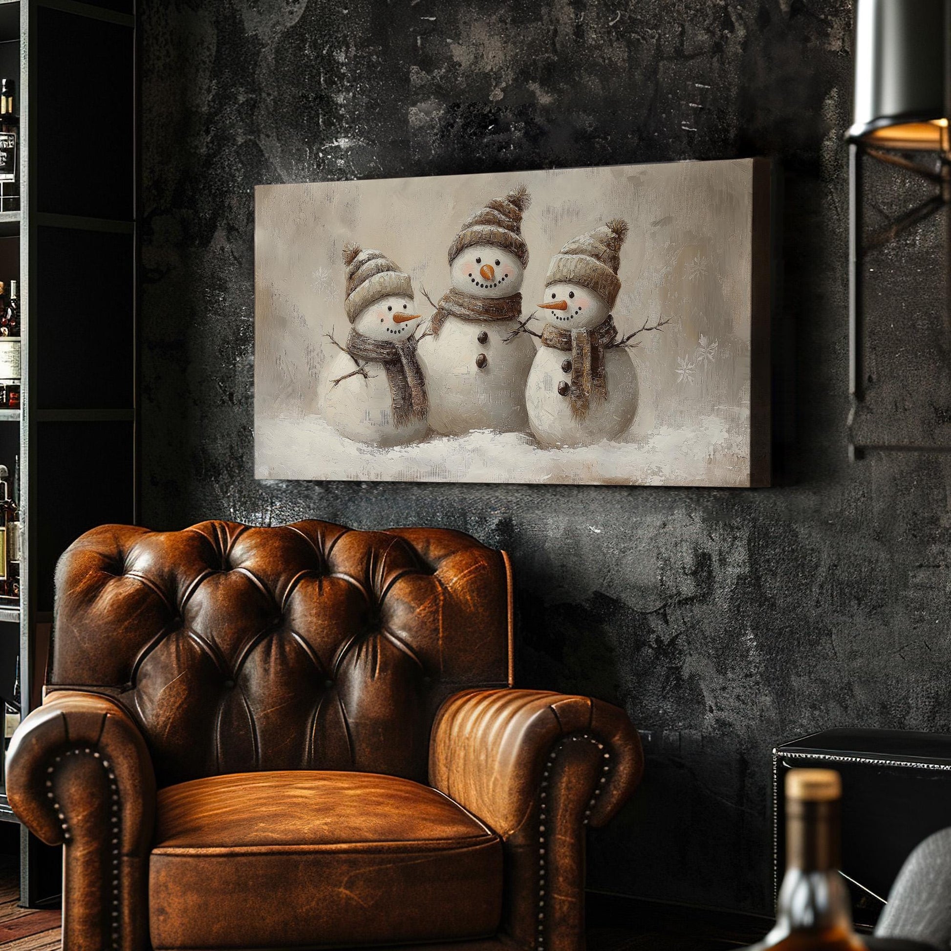Vintage Snowmen Canvas Wall Art For Living Room, Landscape Winter Canvas Print, Farmhouse Large Canvas Art