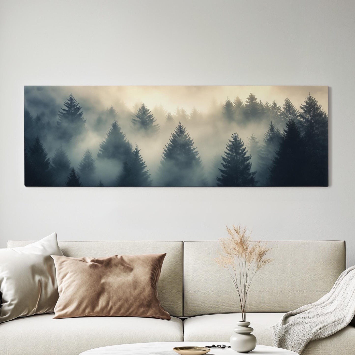 Misty Pine Forest Panoramic Canvas Print: Rustic Fall Decor