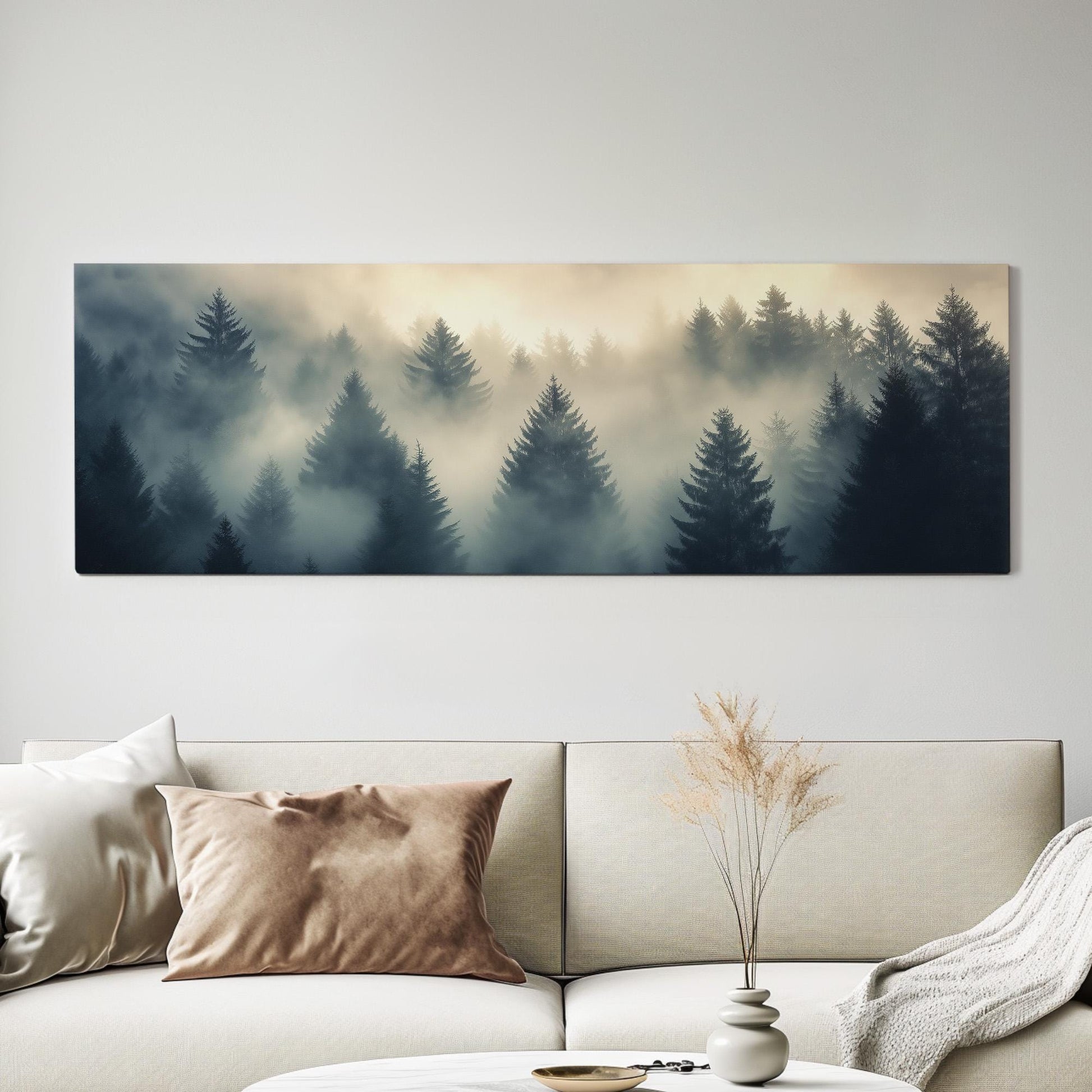 Misty Pine Forest Panoramic Canvas Print: Rustic Fall Decor