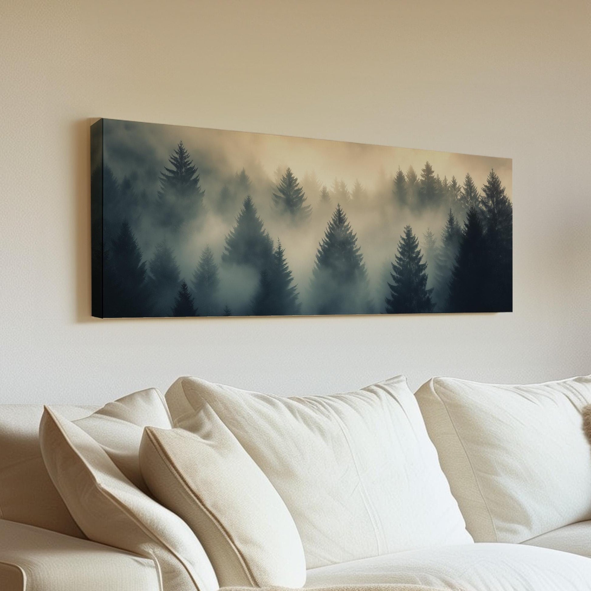 Misty Pine Forest Panoramic Canvas Print: Rustic Fall Decor