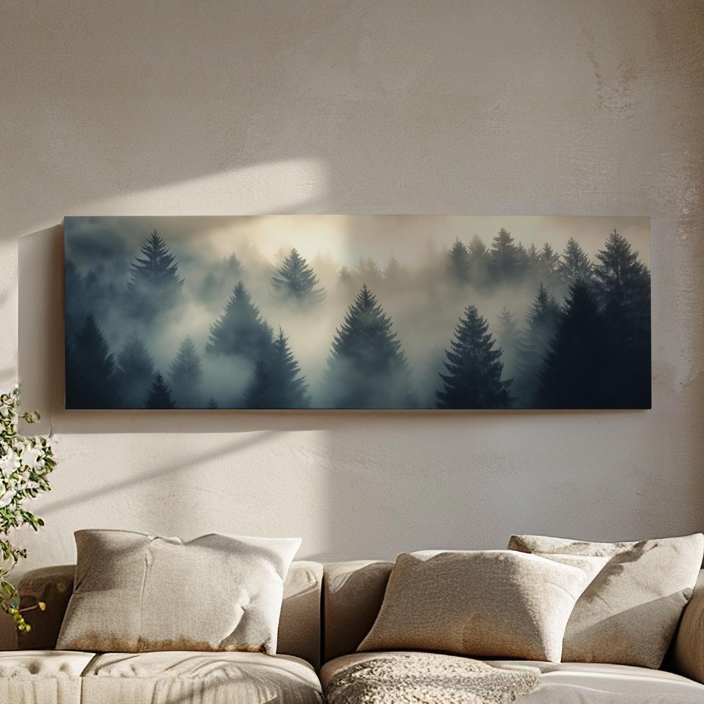 Misty Pine Forest Panoramic Canvas Print: Rustic Fall Decor