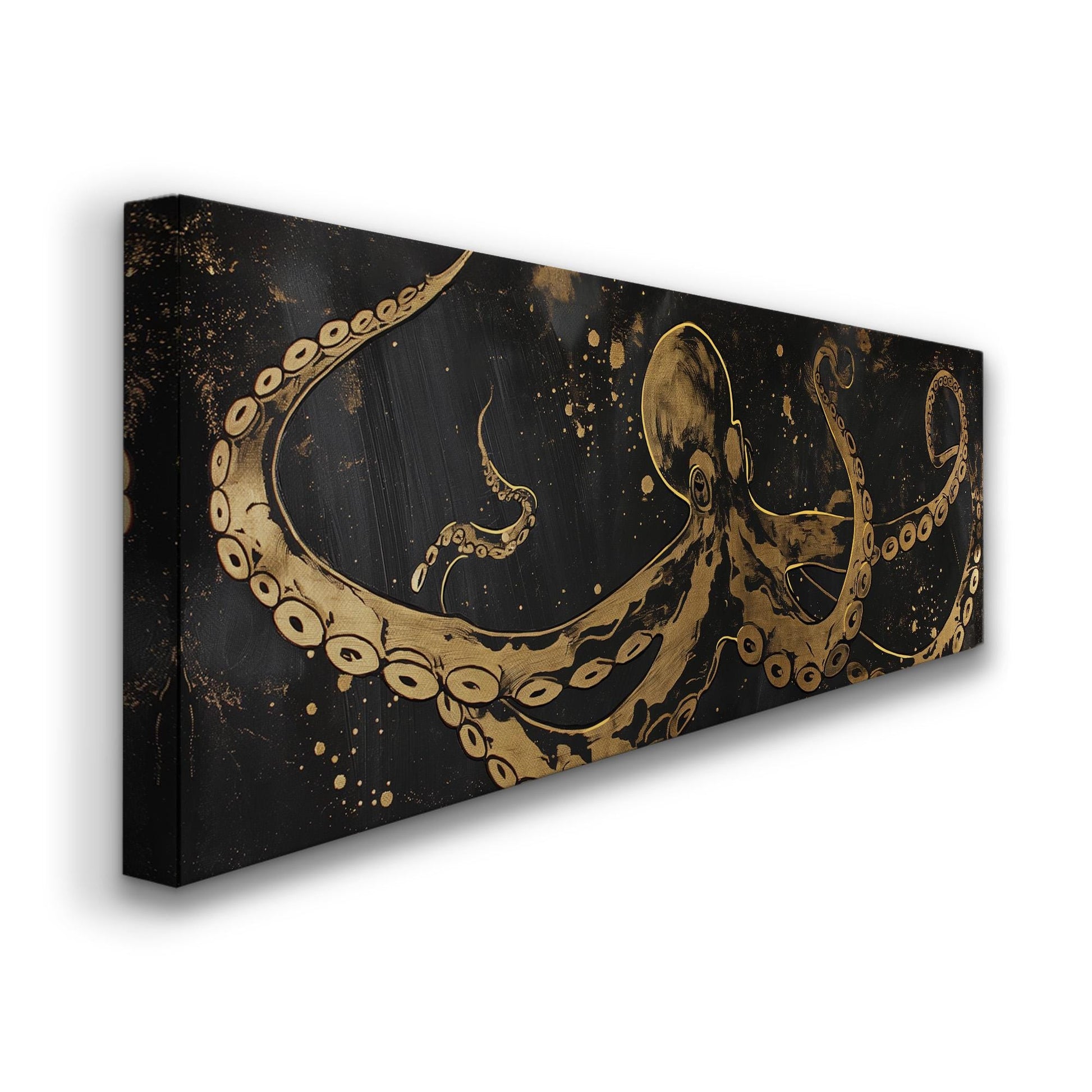 Gold Octopus Panoramic Wall Art Sea Creature, Panorama Nautical Canvas Print, Beach House Decor Canvas Art
