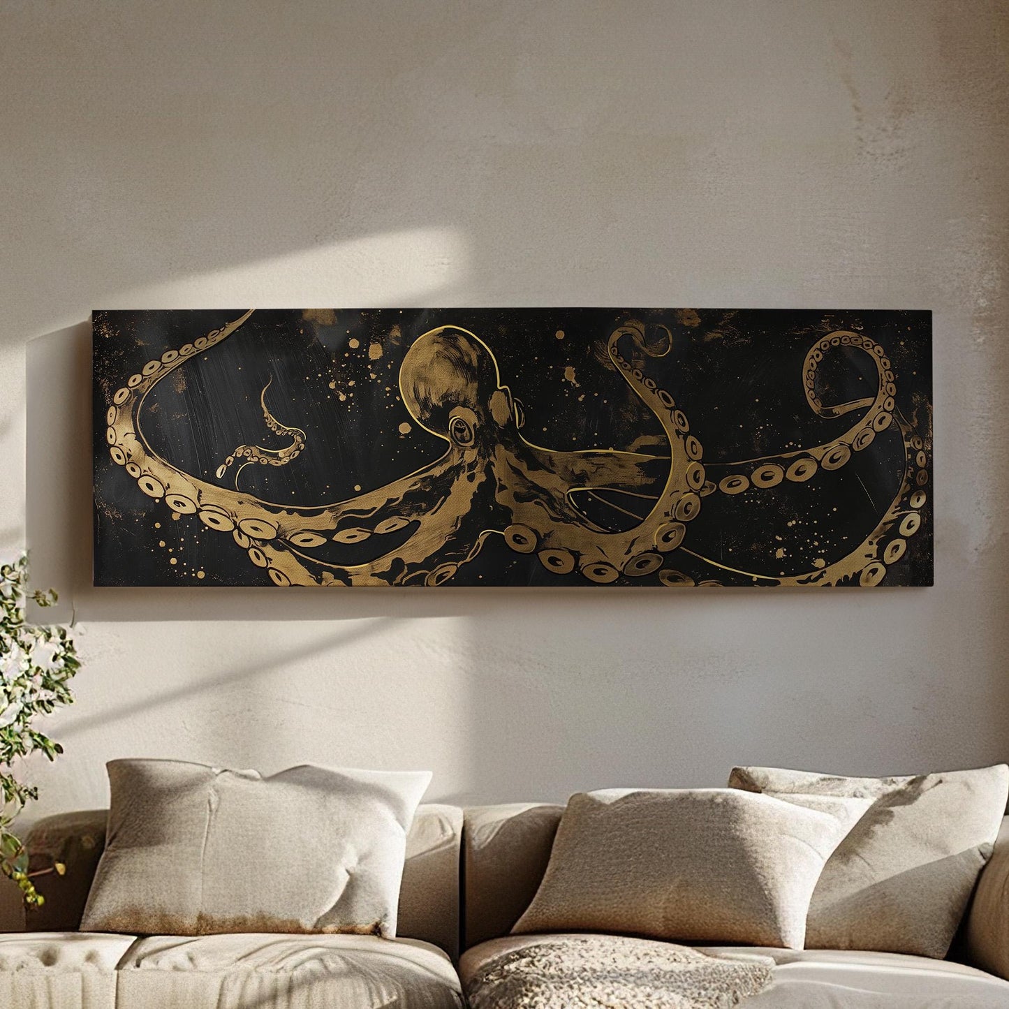 Gold Octopus Panoramic Wall Art Sea Creature, Panorama Nautical Canvas Print, Beach House Decor Canvas Art