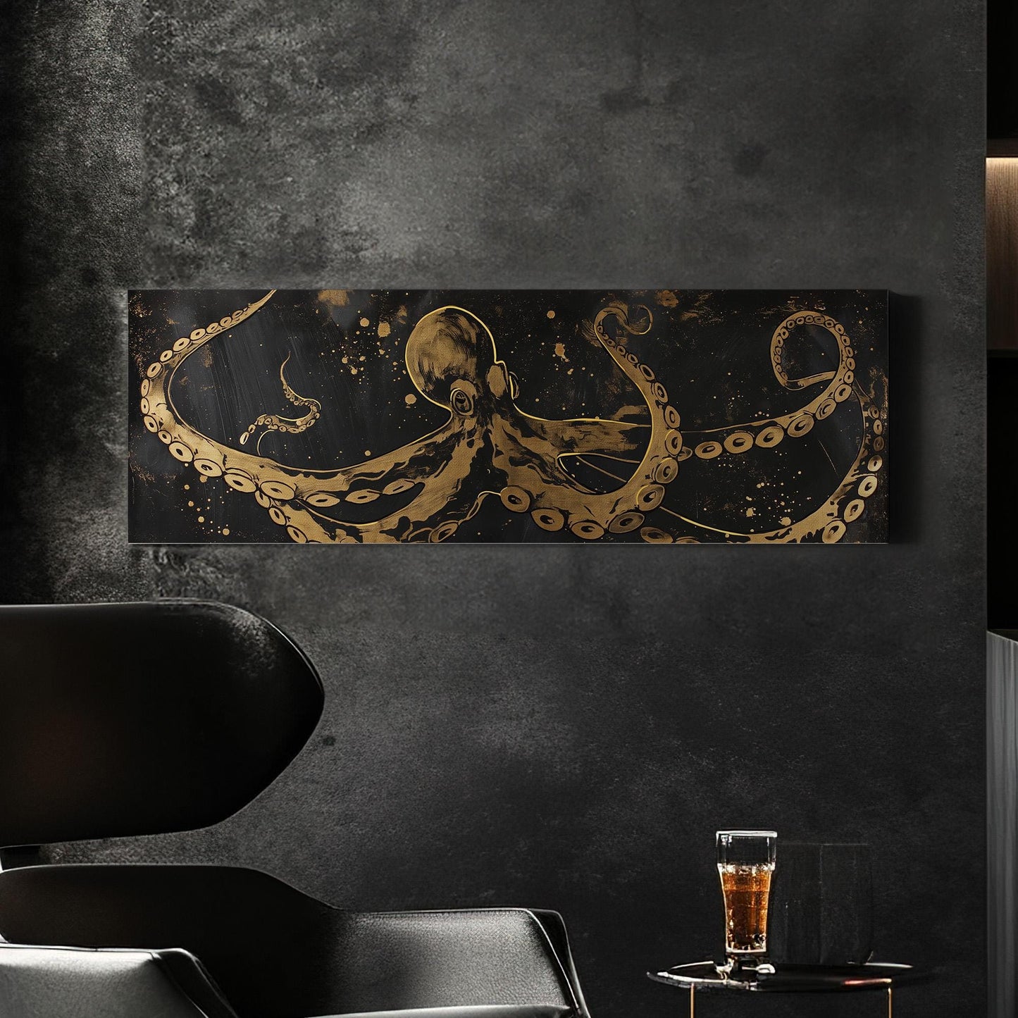 Gold Octopus Panoramic Wall Art Sea Creature, Panorama Nautical Canvas Print, Beach House Decor Canvas Art