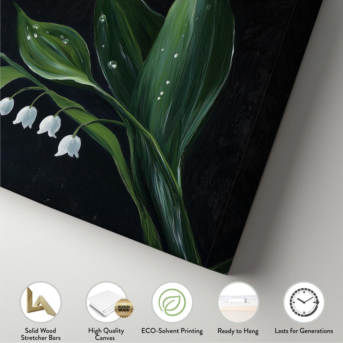 Lily of the Valley In The Dark Panoramic Wall Art Floral, Panorama Lillies Canvas Print, Still Life Decor Canvas Art