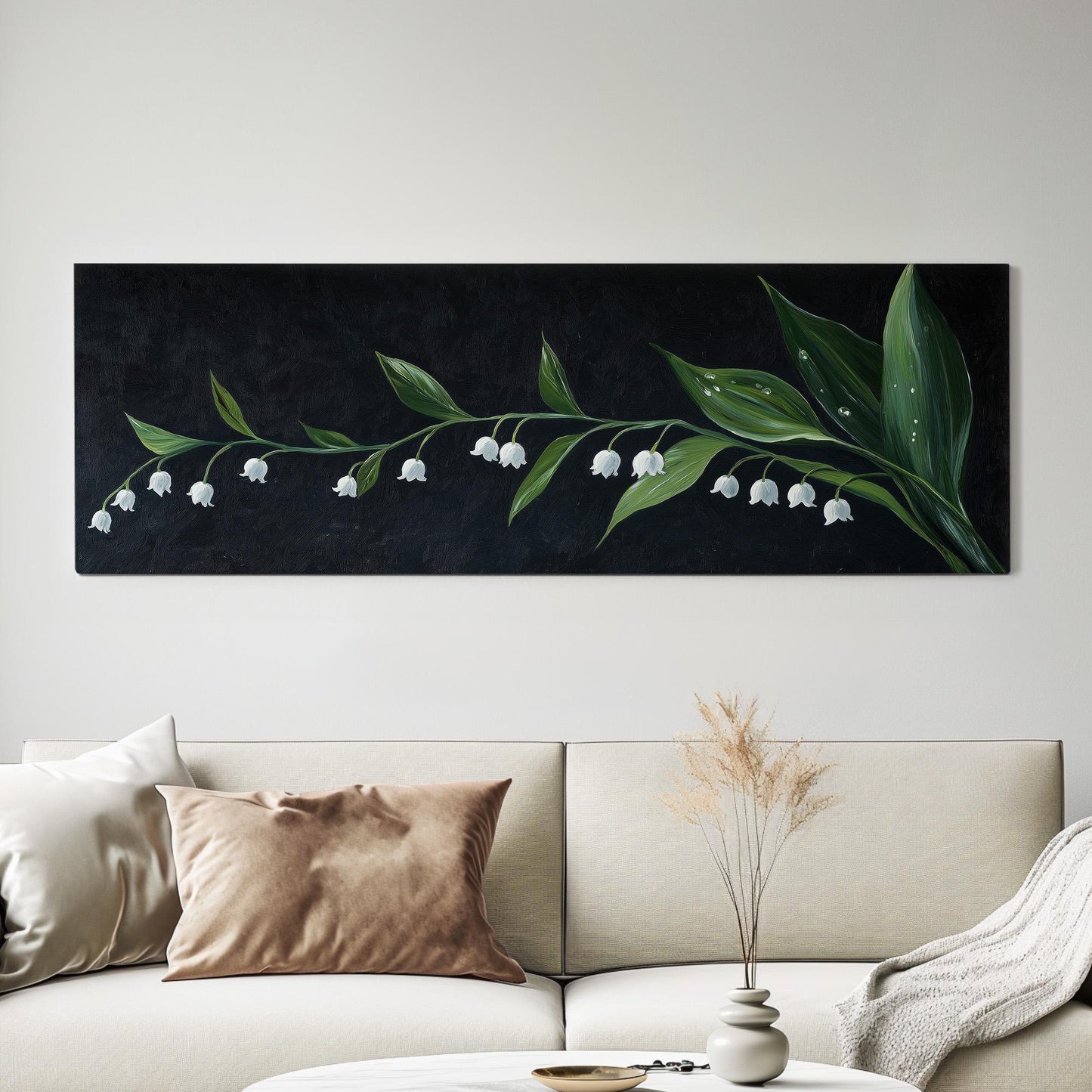 Lily of the Valley In The Dark Panoramic Wall Art Floral, Panorama Lillies Canvas Print, Still Life Decor Canvas Art