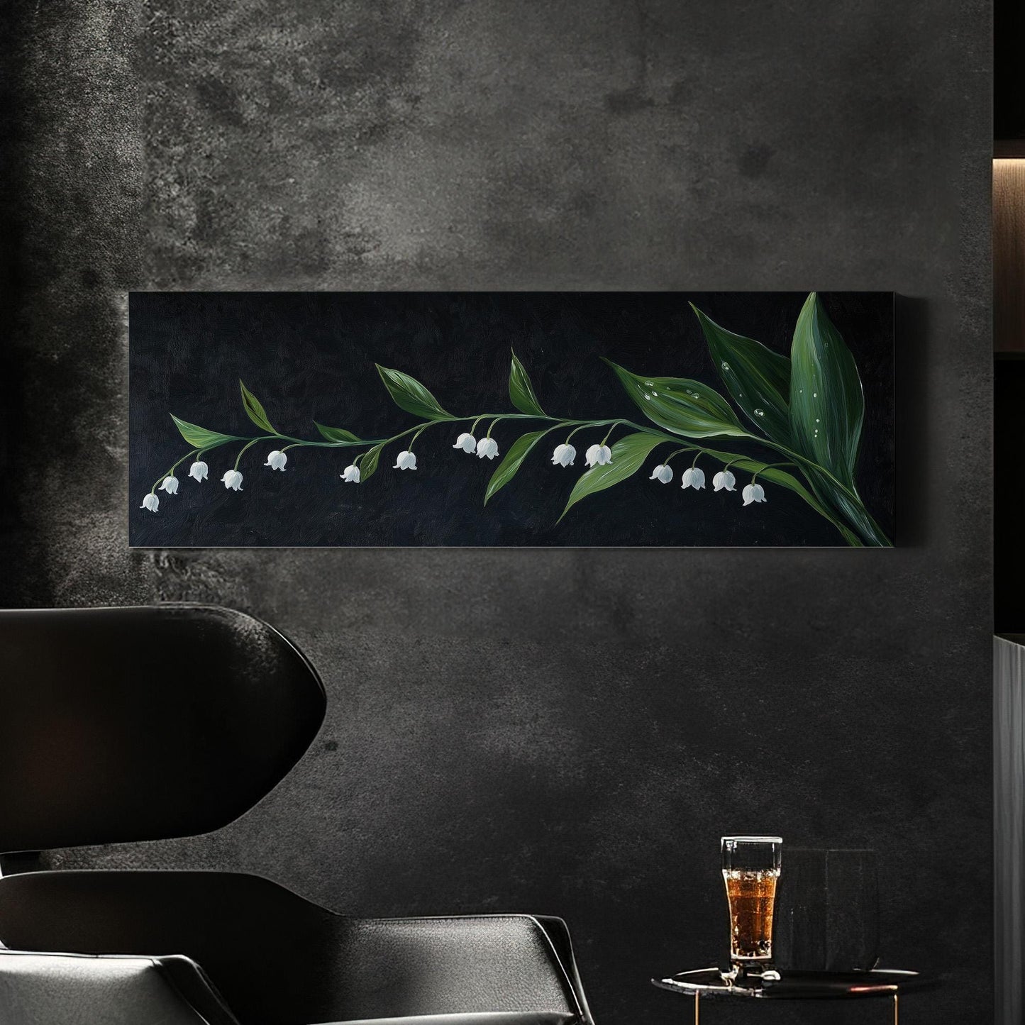 Lily of the Valley In The Dark Panoramic Wall Art Floral, Panorama Lillies Canvas Print, Still Life Decor Canvas Art
