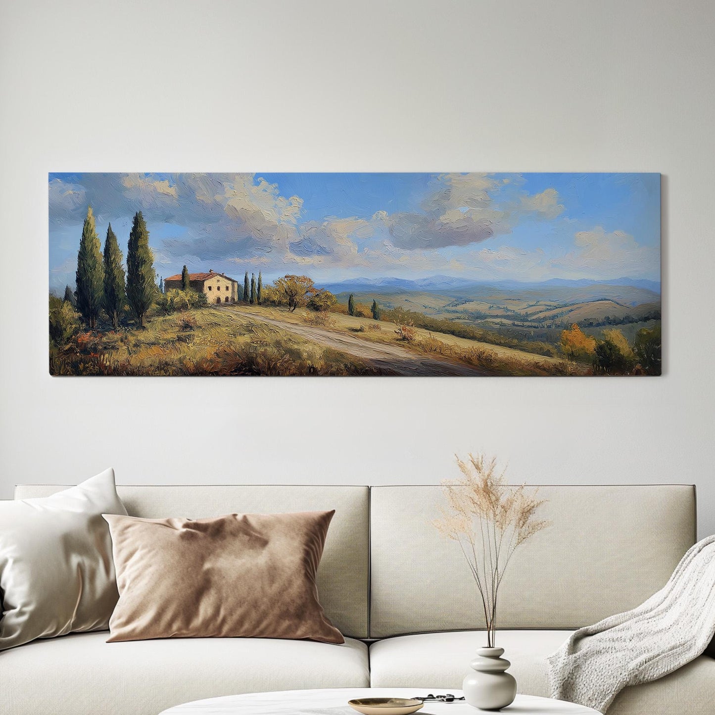 Lone Farm Panoramic Wall Art Tuscany, Panorama Tuscan Village Canvas Print, Italian Countryside Decor Canvas Art