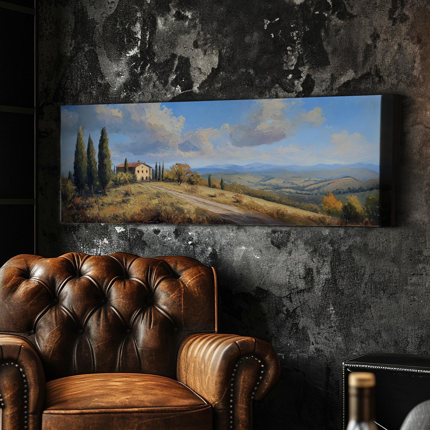 Lone Farm Panoramic Wall Art Tuscany, Panorama Tuscan Village Canvas Print, Italian Countryside Decor Canvas Art