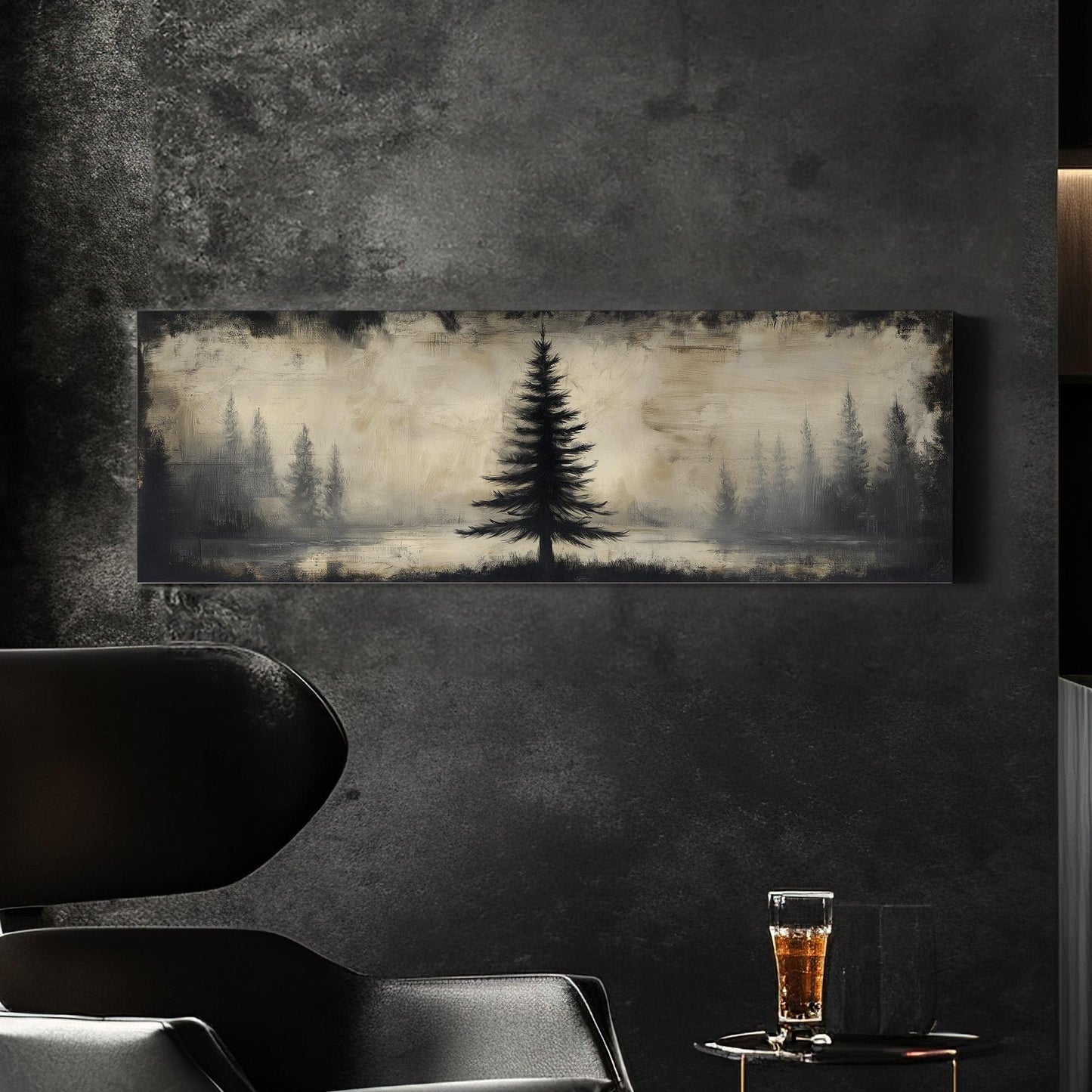 Lone Pine Tree At The Lake Panoramic Wall Art Forest, Panorama Cozy Autumn Canvas Print, Rustic Fall Decor Canvas Art