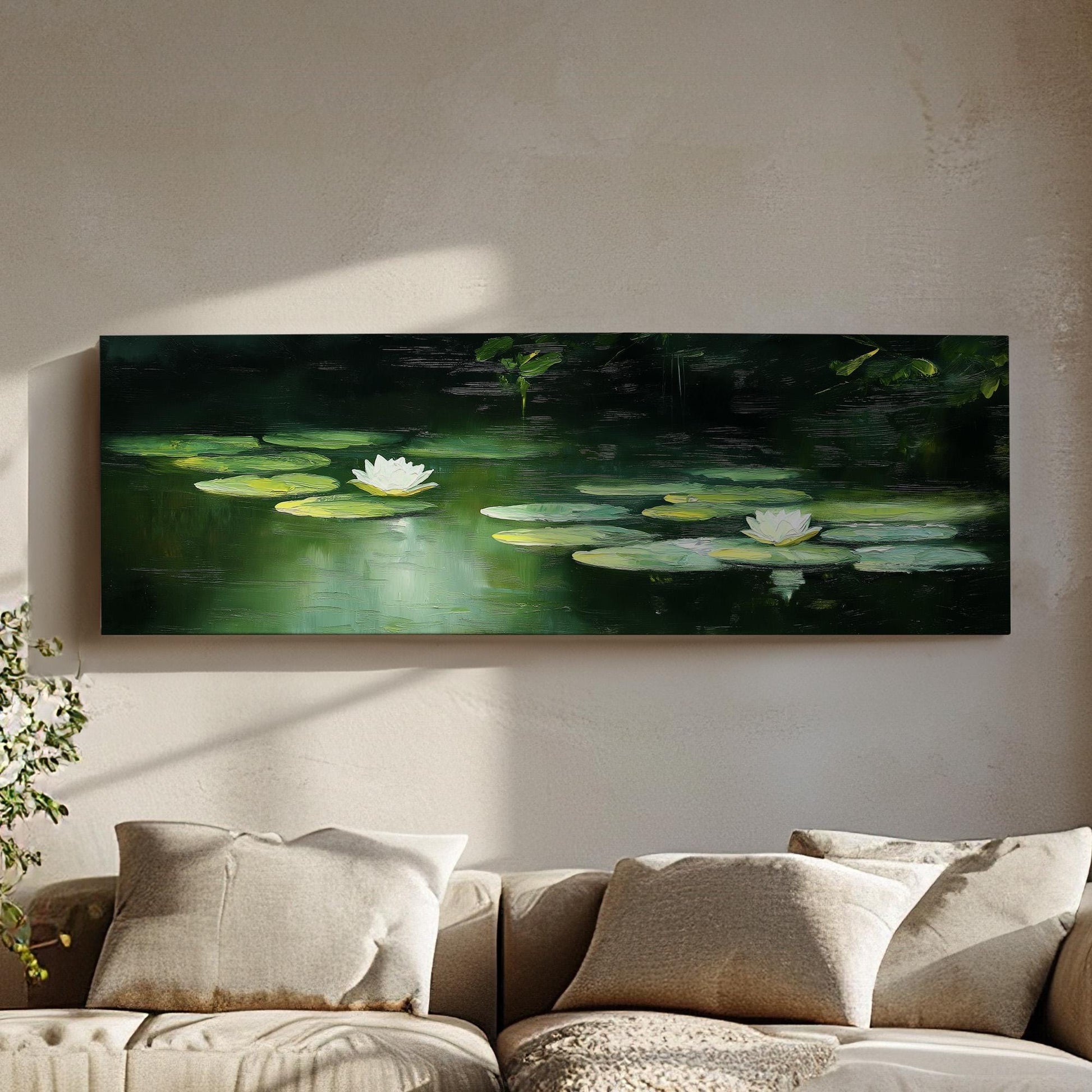 Oil Lily On Lake Panoramic Wall Art Tropical Garden, Panorama Quiet Pond Canvas Print, Tranquil Decor Canvas Art