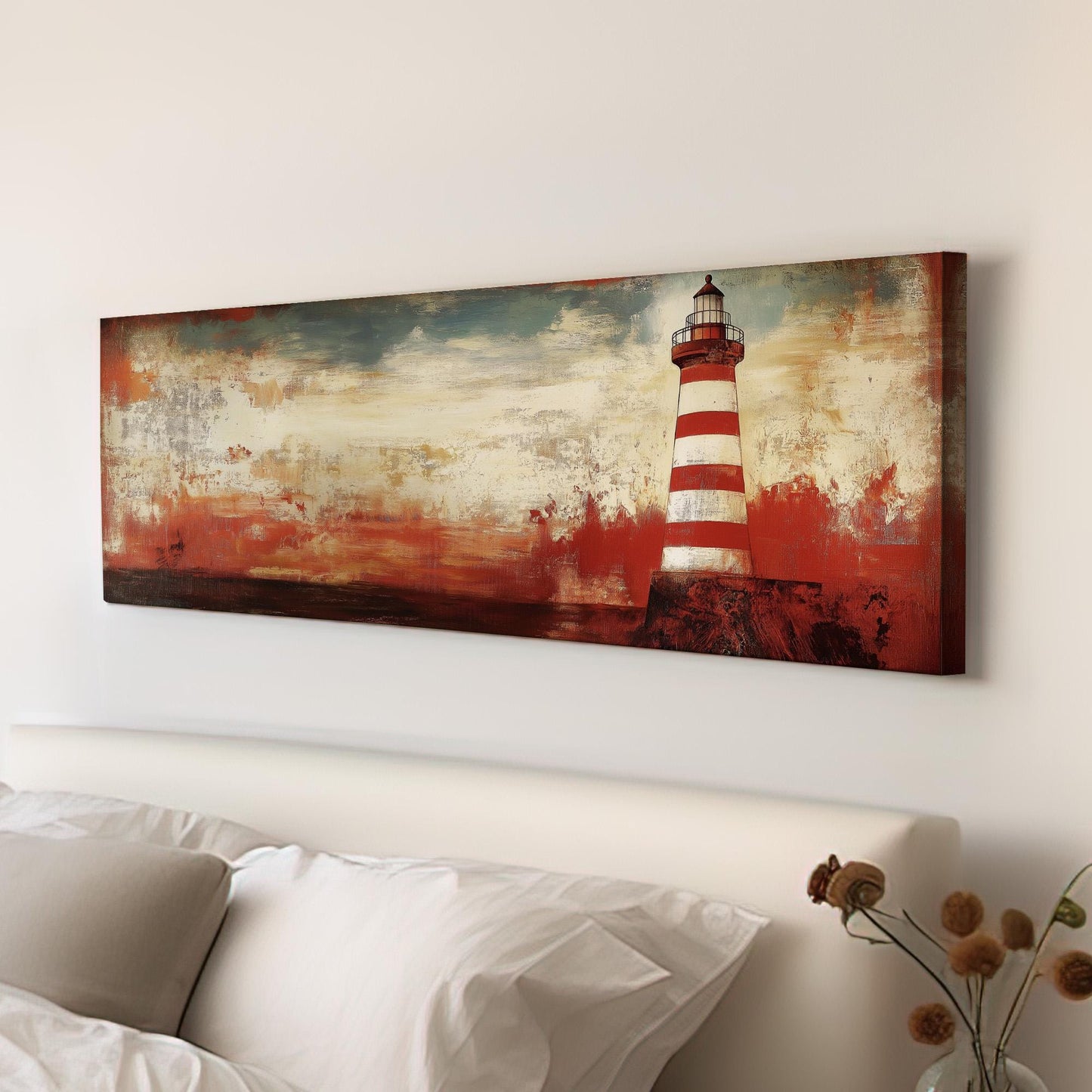 Red Lighthouse Panoramic Wall Art Lakehouse, Panorama Boathouse Canvas Print, Sea Coast Decor Canvas Art