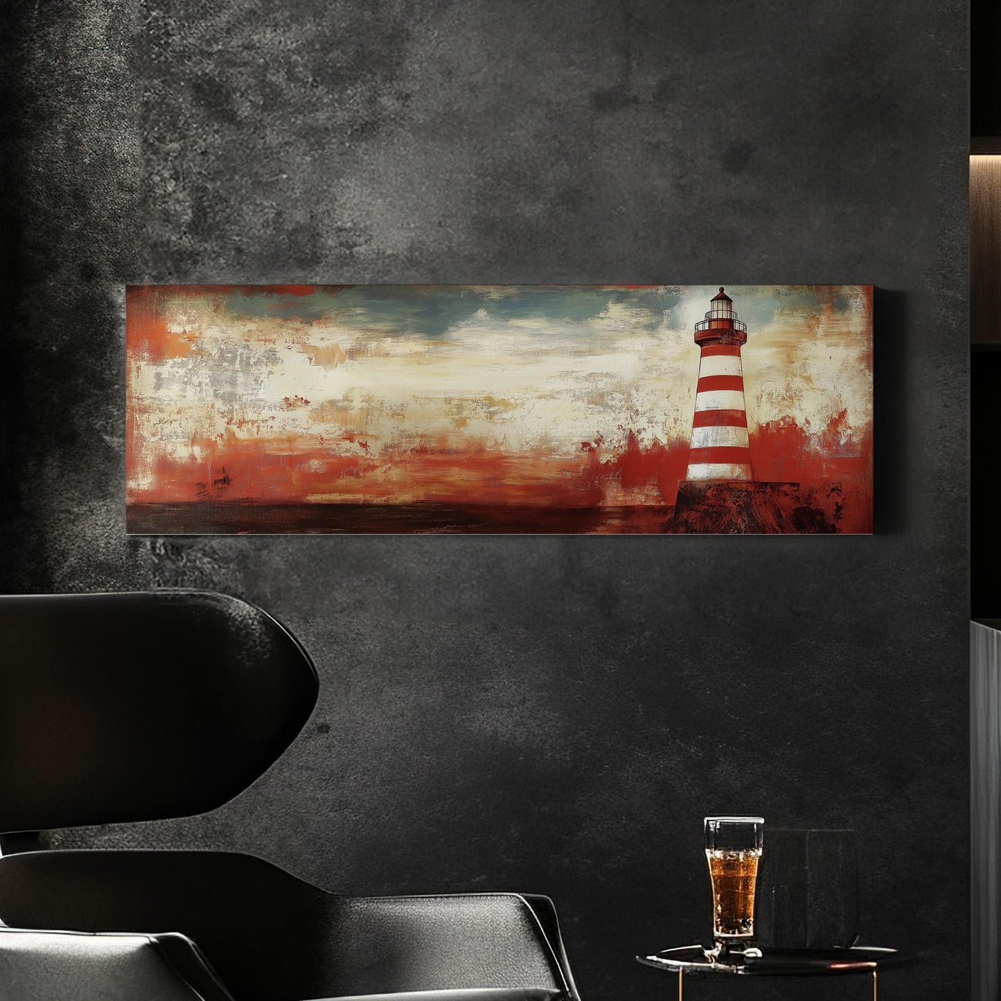 Red Lighthouse Panoramic Wall Art Lakehouse, Panorama Boathouse Canvas Print, Sea Coast Decor Canvas Art