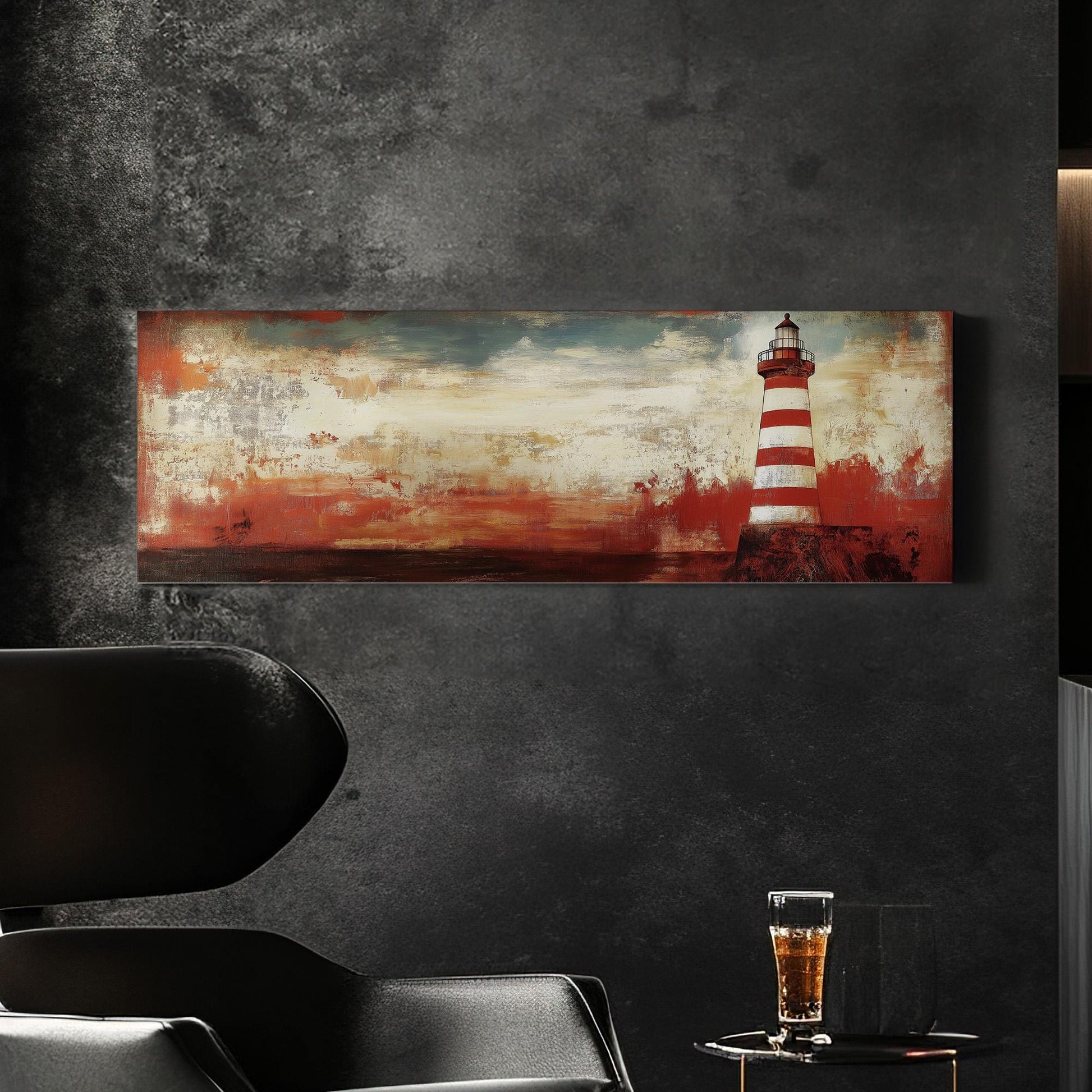 Red Lighthouse Panoramic Wall Art Lakehouse, Panorama Boathouse Canvas Print, Sea Coast Decor Canvas Art