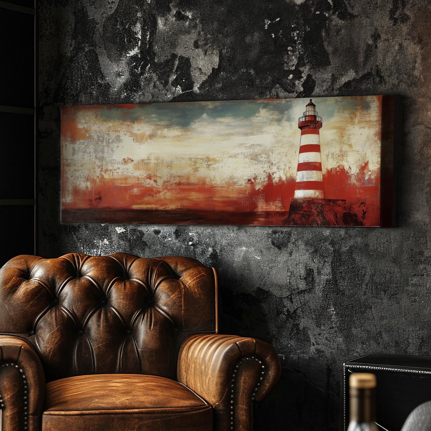 Red Lighthouse Panoramic Wall Art Lakehouse, Panorama Boathouse Canvas Print, Sea Coast Decor Canvas Art