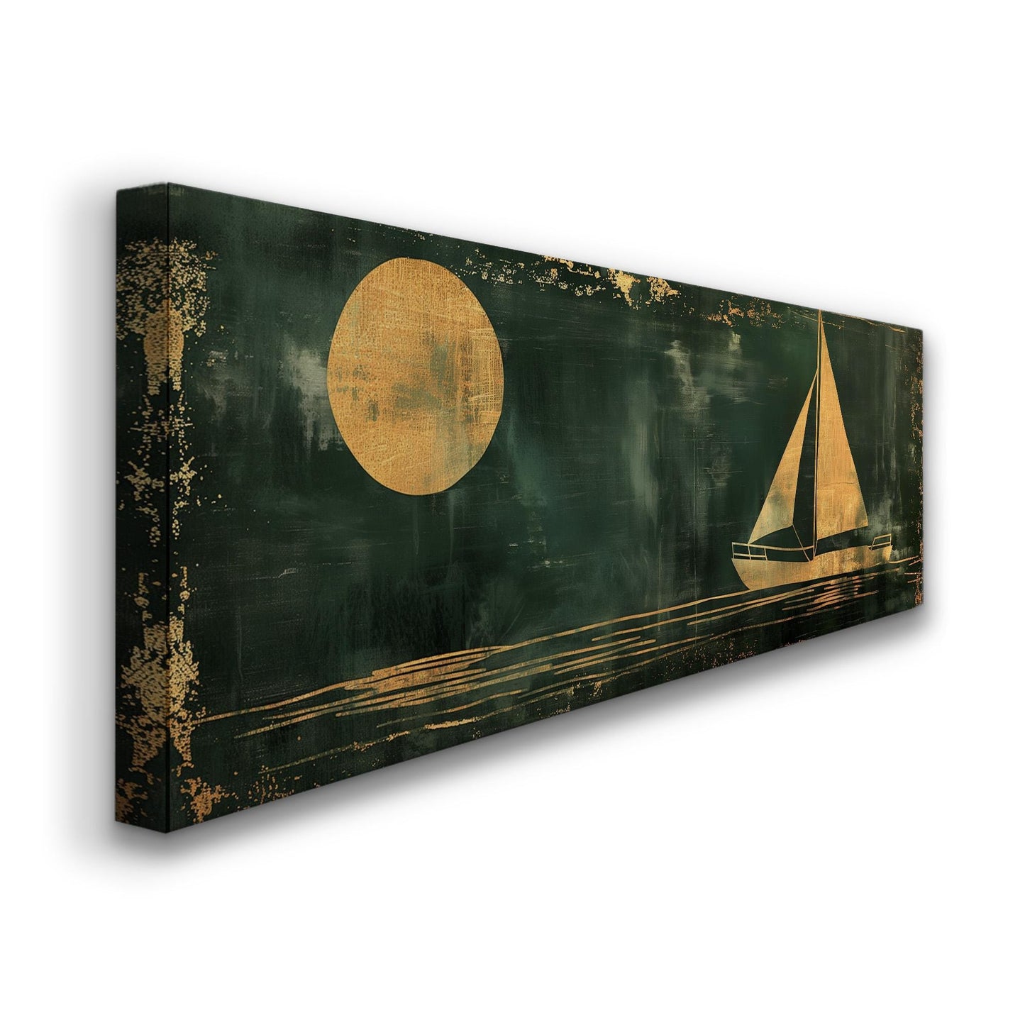 Sailboat Full Moon Panoramic Wall Art For Bedroom, Panorama Lake House Canvas Print, Green And Gold Decor Canvas Art