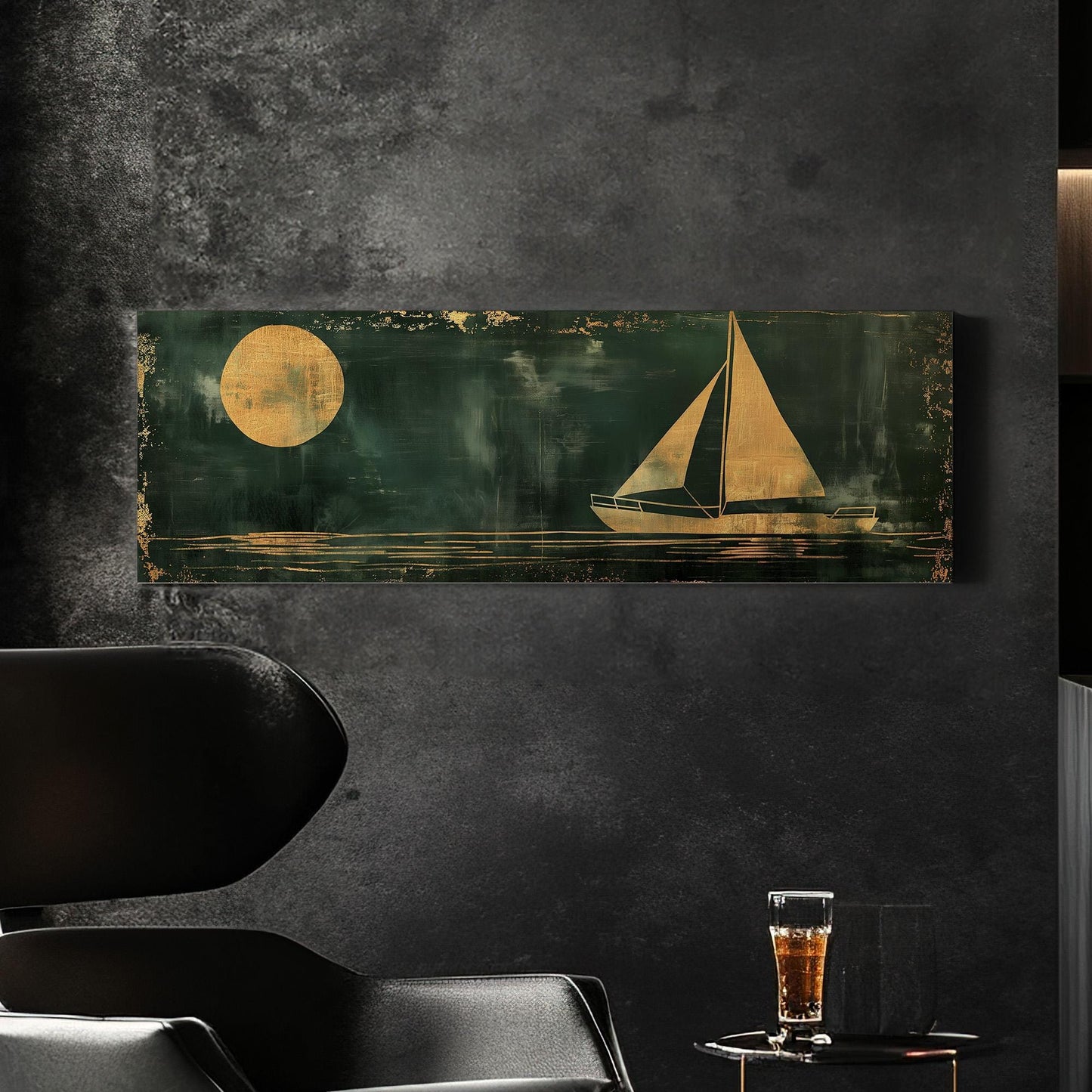 Sailboat Full Moon Panoramic Wall Art For Bedroom, Panorama Lake House Canvas Print, Green And Gold Decor Canvas Art