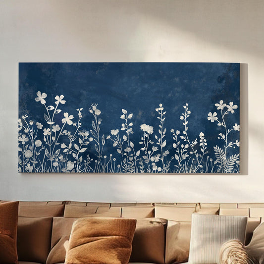 White Wildflowers Canvas Wall Art For Living Room, Landscape Neutral Canvas Print, Minimal Large Canvas Art