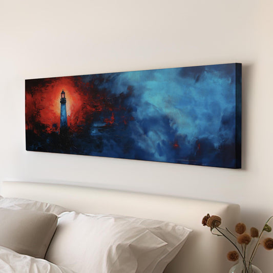 Red Lighthouse In The Huge Fog Panoramic Wall Art Lakehouse, Panorama Boathouse Canvas Print, Sea Coast Decor Canvas Art