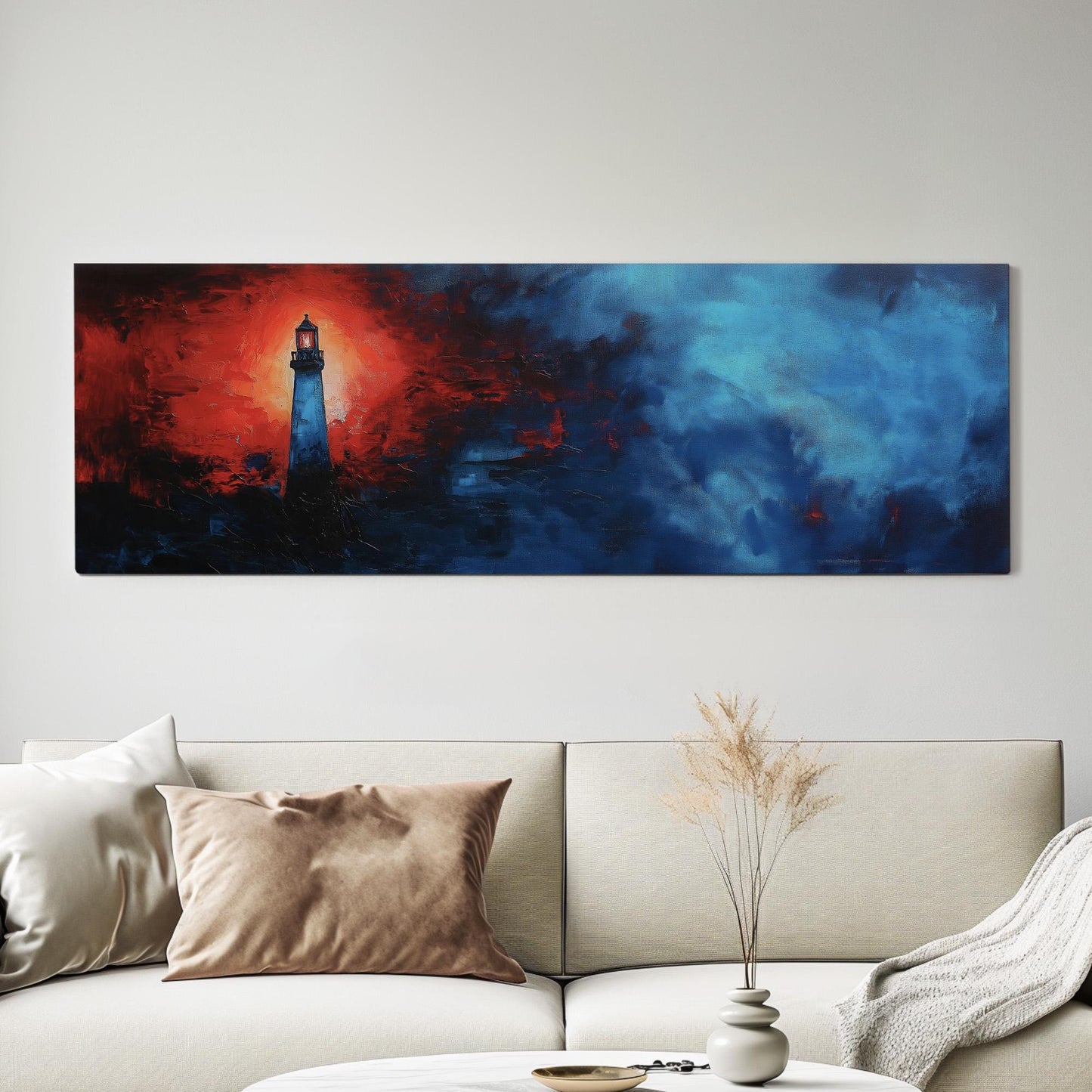 Red Lighthouse In The Huge Fog Panoramic Wall Art Lakehouse, Panorama Boathouse Canvas Print, Sea Coast Decor Canvas Art