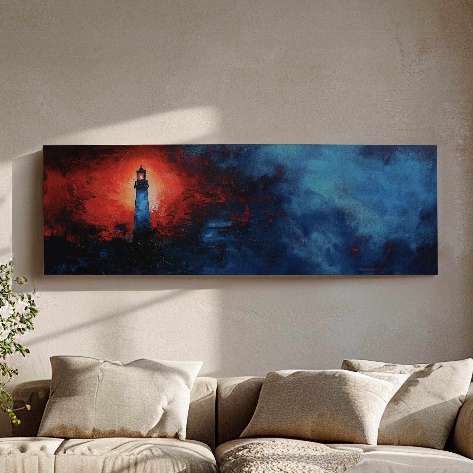 Red Lighthouse In The Huge Fog Panoramic Wall Art Lakehouse, Panorama Boathouse Canvas Print, Sea Coast Decor Canvas Art